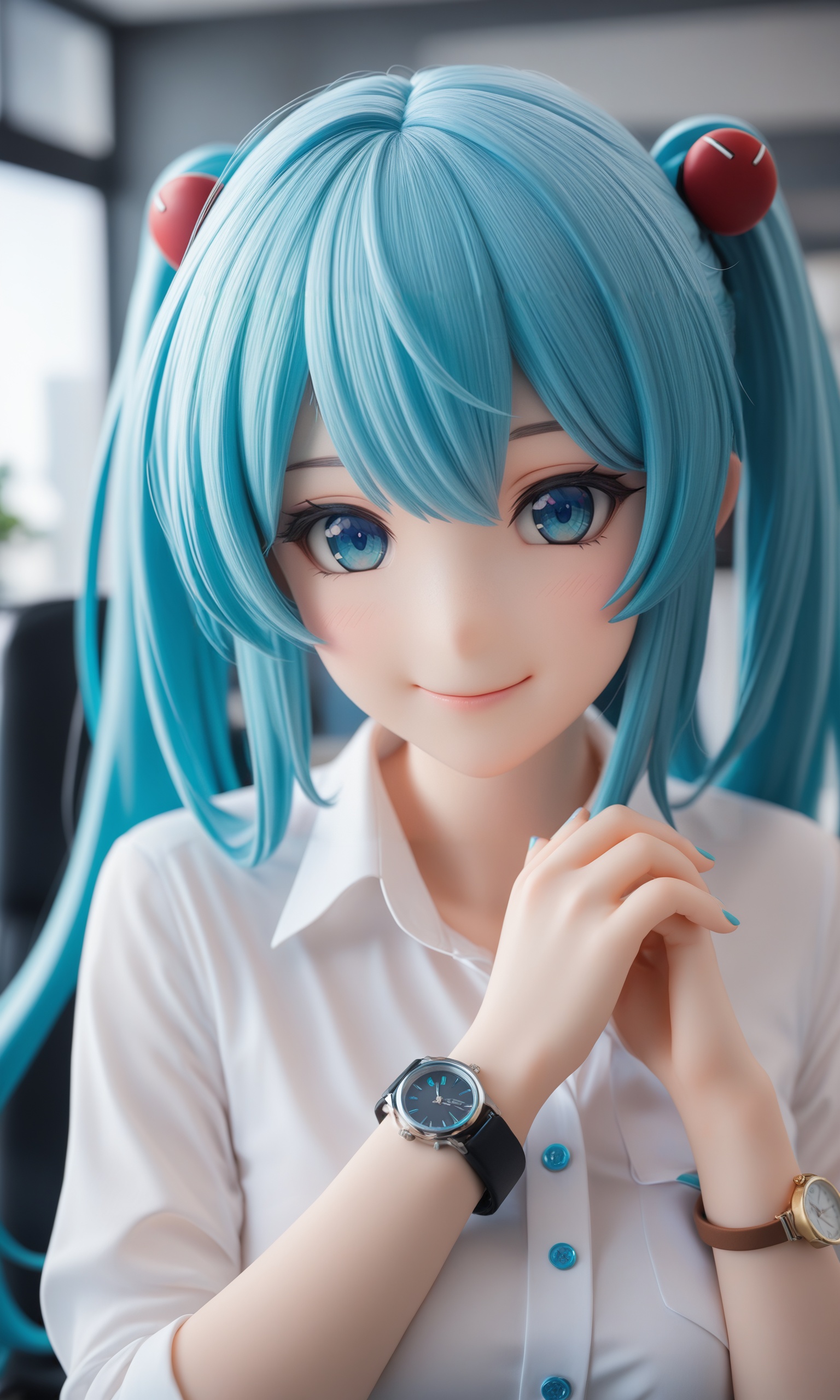 (masterpiece),(highest quality),highres,(extremely detailed),hatsune miku,light blue hair,bunches,1girl,smile,looking at viewer,wristwatch,blue eyes,solo focus,bracelet,shirt,solo,(with 1 hands:1.3),white shirt,in the office,