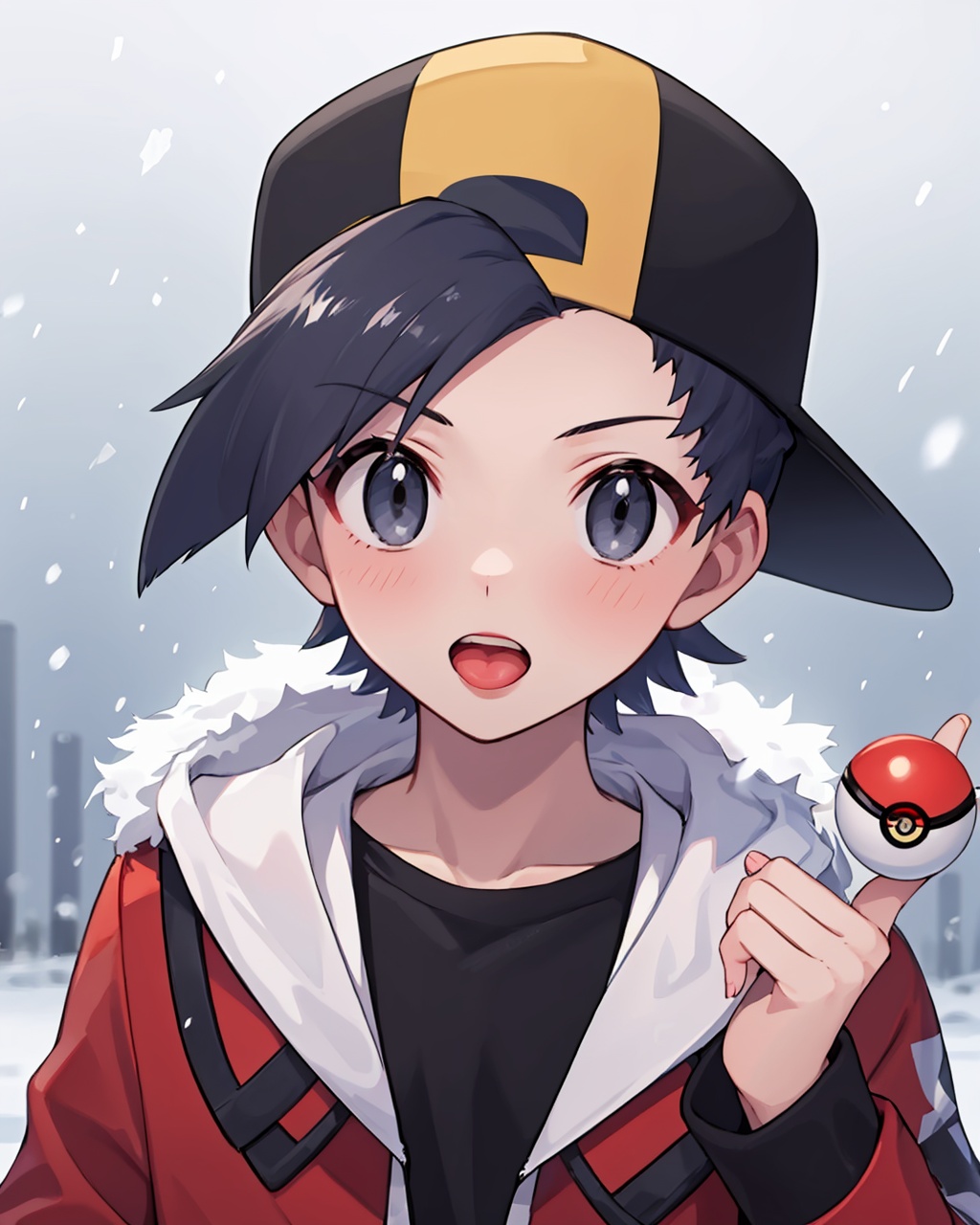 masterpiece,best quality, highly detailed, ethan (pokemon),1boy, male focus, open mouth, red jacket, tongue, holding poke ball, solo, baseball cap, hand up, poke ball (basic), backwards hat, looking at viewer, upper body, black shirt, fingernails, blush, long sleeves, snowing, lower teeth only,<lora:ethan_(pokemon):1>