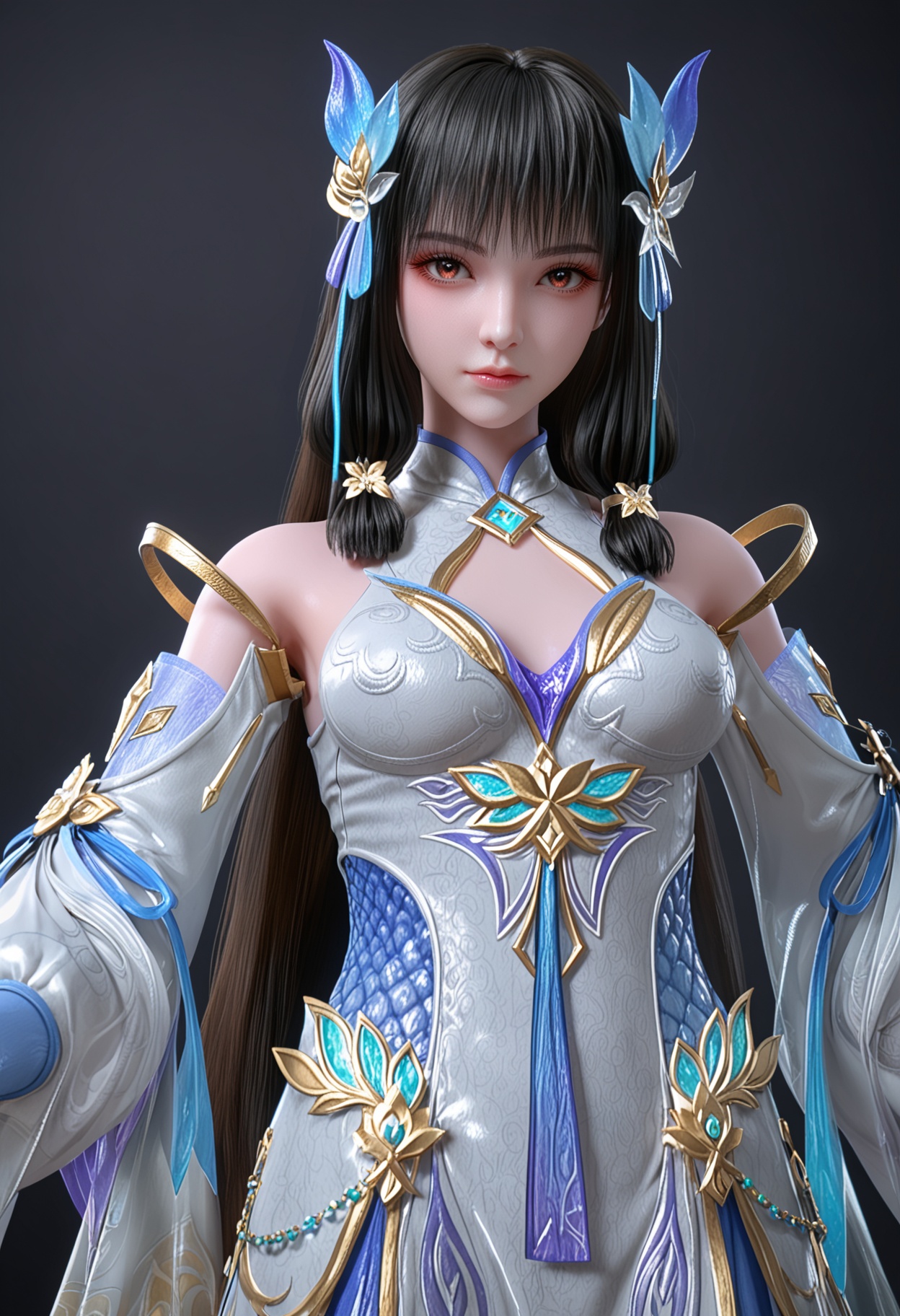(cowboy shot:1.2),(looking at viewer:1.1),facing viewer,direct gaze,<lora:YQ_pony_yunluo_shangjiefuzhuang_V4:0.8>,1girl,solo,long hair,black hair,hair ornament,dress,detached sleeves,brown eyes,white dress,chinese clothes,blunt bangs,hair flower,sidelocks,hair ribbon,red eyes,butterfly hair ornament,black eyes,brown hair,jewelry,china dress,gloves,shoes,BREAK (white skin:1.1),(fair skin:1.1),(Ivory skin:1.1),(shiny skin),perfect anatomy,(simple background,pure black background,black background:1.1),