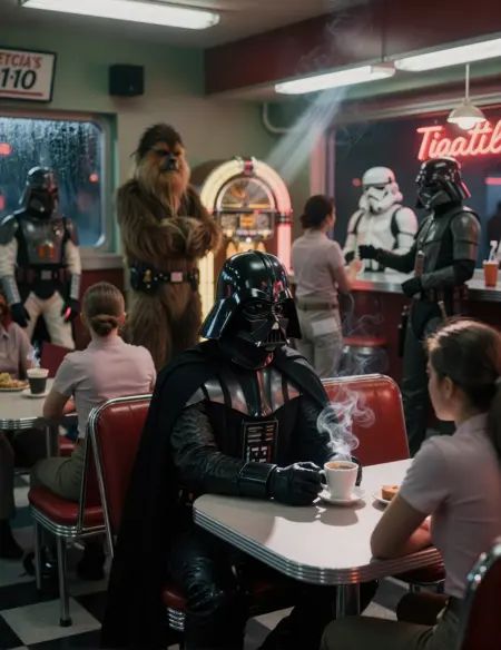 A surreal cinematic tableau unfolds inside a crowded retro American diner, where Darth Vader sits alone at a chrome-edged table, his imposing black armor absorbing and reflecting the ambient glow in soft, distorted highlights, a steaming coffee cup resting untouched before him as his helmeted posture reads contemplative, heavy with unspoken gravity; volumetric light cuts through cigarette smoke and greasy kitchen haze in dramatic shafts, illuminating drifting particles that hang in the air like memory, while the world around him moves on in blurred motion; waitresses streak past in soft focus, patrons dissolve into smeared silhouettes, and the diner hums with life that never quite reaches him; in the background, Chewbacca stands with arms crossed near a glowing jukebox, towering yet patient, his presence grounding the absurdity with quiet loyalty, while stormtroopers loiter casually by the counter beneath buzzing fluorescent lights, helmets tilted in idle conversation as if this were any other late night; near a fogged, rain-streaked window, Boba Fett lingers half in shadow, armor dulled by low light, watching reflections bleed across the glass; the shallow depth of field keeps Vader razor-sharp as the diner swirls around him, motion blur bending time and space, subtle lens flares blooming from neon signs outside, heavy analog film grain knitting the image together; muted reds, sickly greens, and nicotine yellows color the frame, captured through a vintage cinema lens that blends noir melancholy with nostalgic Americana, creating a scene that feels impossible yet emotionally grounded, as if destiny itself paused for coffee in a roadside booth.