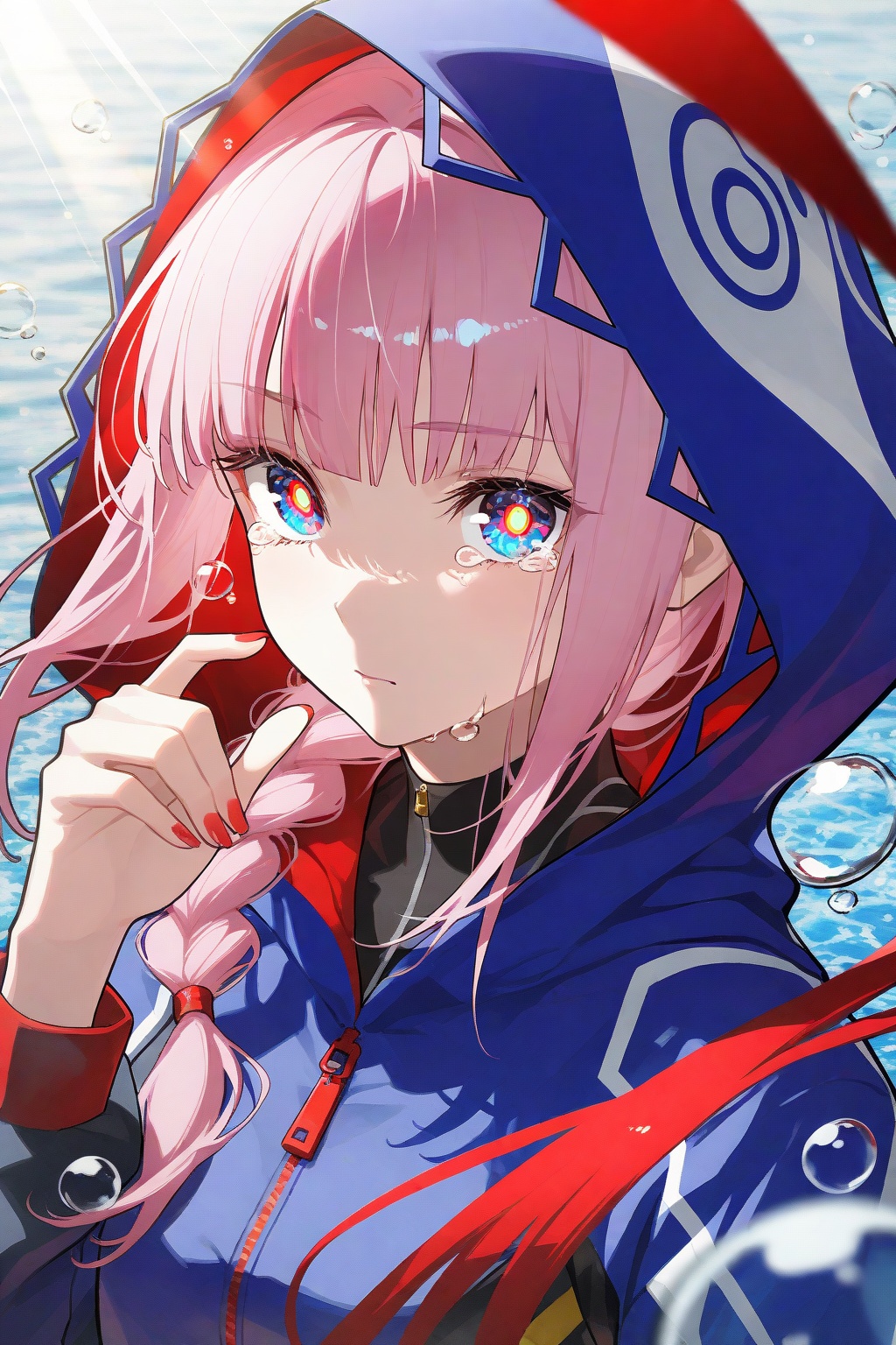 crisp,gwwj,Mika Pikazo,ezu,melting,Tender,highres,absurdres,newest,very awa,masterpiece,best quality,year 2024,(vanripper:1.2),yomiya_sateko,potg_(piotegu),void_0,(dino_(dinoartforame):0.8),(fkey:0.8),(yomu_(sgt_epper):0.8),(high contrast:0.6),(chromatic aberration:0.6),(film grain:0.8),(realistic background:0.8),(photo background:0.5),(Color Saturation:0.5),(Natural Light:0.8),(Mood Lighting:0.6),(lineart:1.2),(black outline:0.6),(reflection light:0.6),cinematic lighting,god rays,ray tracing,light rays,dappled sunlight,parameters,SenSen,1girl,kaf \(kamitsubaki studio\),solo,virtual youtuber,pink hair,hood,multicolored eyes,looking at viewer,braid,hood up,bubble,blue eyes,yellow pupils,long hair,red nails,red eyes,portrait,tears,closed mouth,blurry,air bubble,crying with eyes open,jacket,hand up,hooded jacket,nail polish,water drop,