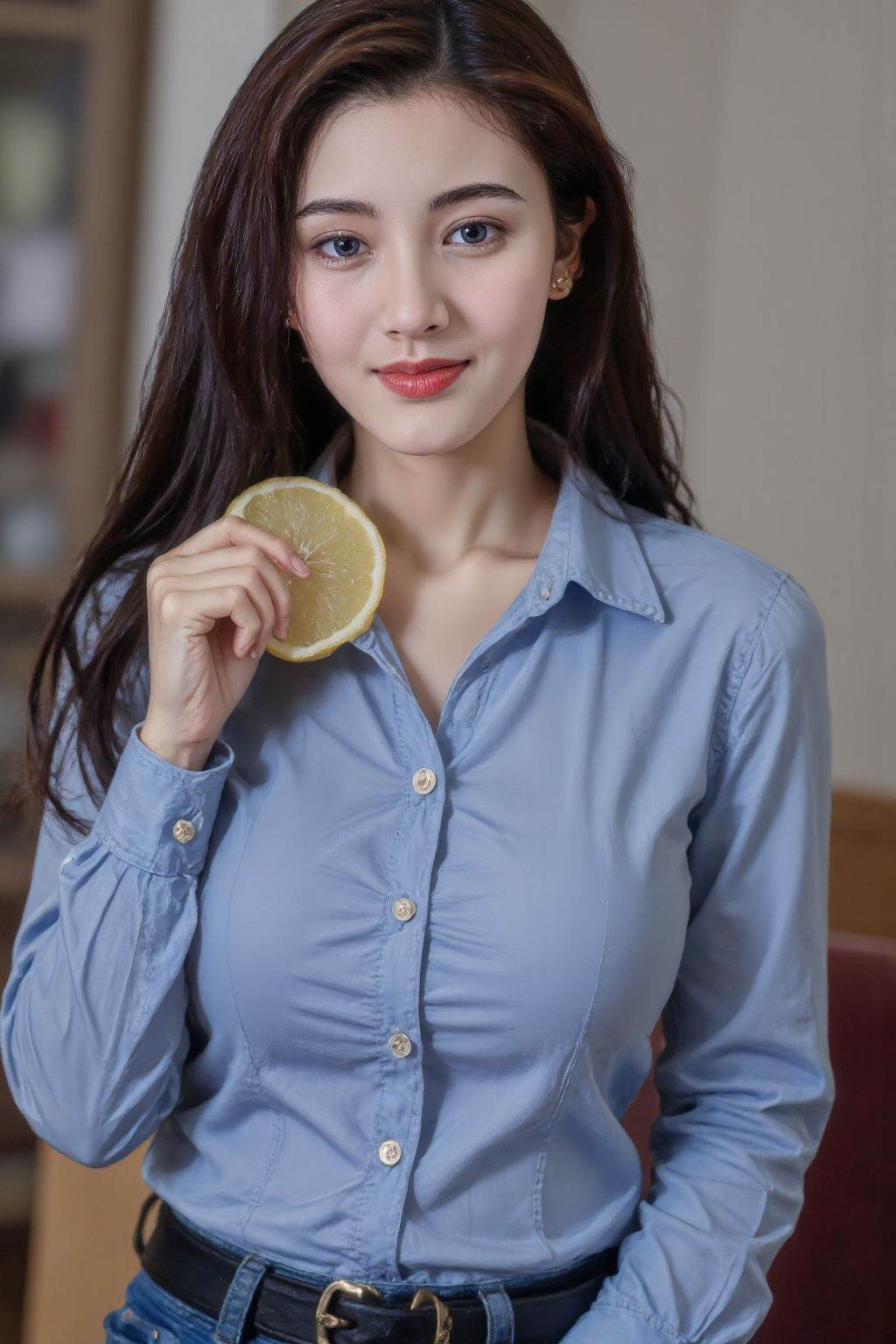 HDR photo of cinematic film still, 1girl, long hair, breasts, looking at viewer, smile, brown hair, shirt, black hair, long sleeves, navel, holding, brown eyes, medium breasts, sitting, food, teeth, solo focus, midriff, belt, pants, indoors, grin, blurry, cup, lips, fruit, blurry background, blue shirt, denim, holding cup, jeans, realistic, nose, drink, lemon, lemon slice, <lora:girlslikeflux_ljx:1>