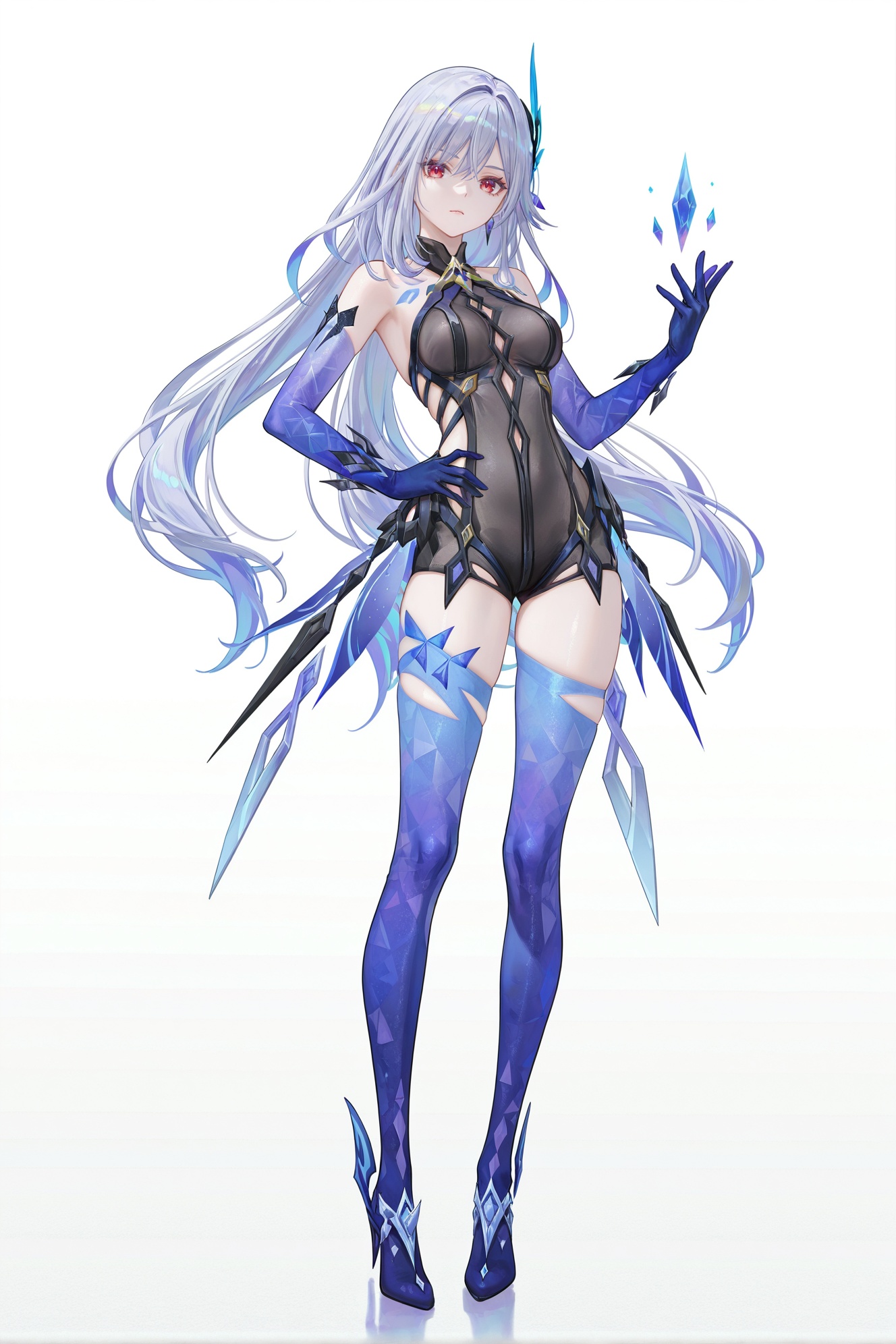 8k,best quality,masterpiece,(ultra-detailed),(high detailed skin),((artist:reoen),(artist:fuzichoco),(artist:atdan),(artist:torino_aqua),year 2024:0.8)1girl,[artist:wlop],[artist:ningen_mame],artist:ciloranko,[[artist:rhasta]],artist:tidsean,colorful,jijia,2d,ambient light,full body,full shot,standing,looking at viewer,(solo:1.2),simple background,(white background:1.2),hand on own hip,(white background:1.1),<lora:sikknew-ill-Tanger:0.9>,Skirk \(genshin impact\),clothes: balck halter bodysuit,official alternate costume,Skirk hair ornament,black alternate elbow gloves,1girl,long grey hair,thighhighs,red eyes,