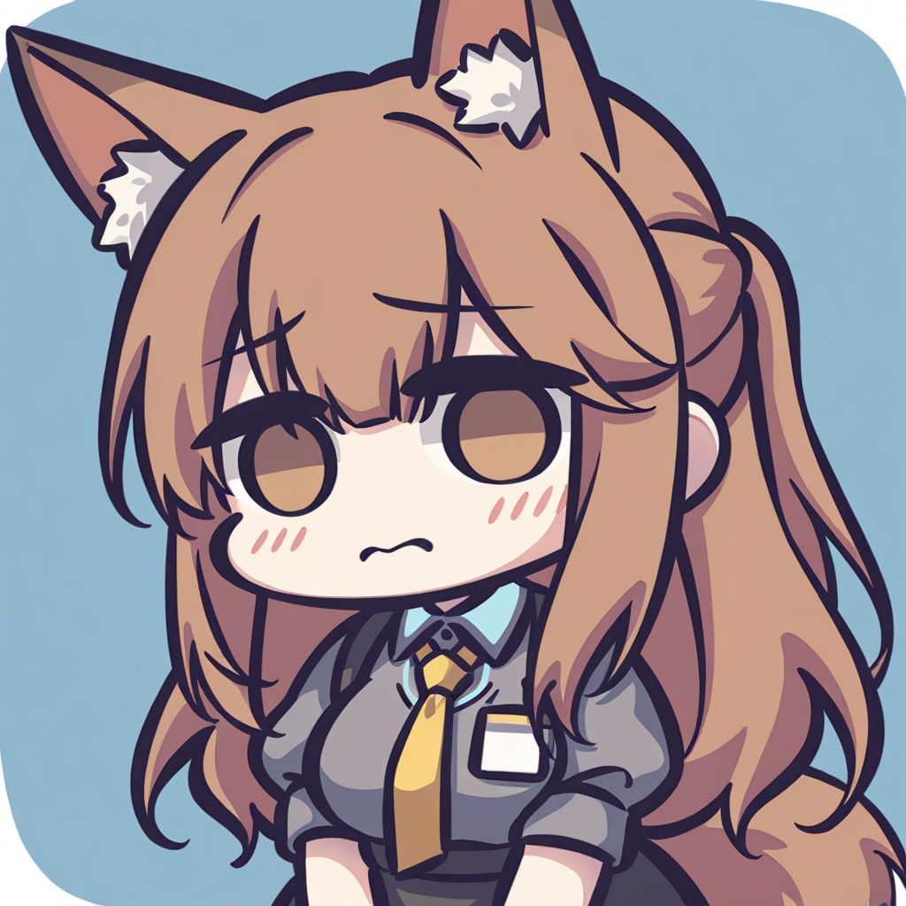 chibi,1girl,solo,upper body,franka \(arknights\),arknights,animal ears,fox ears,long hair,brown hair,,fox girl,tail,animal ear fluff,fox tail,brown eyes,large ,embarrassed, ,white background,simple background,<lora:Kei_Style_noob-4:1>,