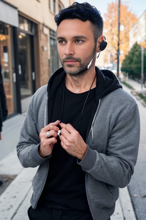 short hair,day, euphil, 1boy, black hair, bow, closed mouth, collared shirt, dog, earbuds, grey pants, hoodie, jacket, looking at viewer, male focus, realistic, ring, short hair, solo, upper body, white shirt,<lora:SD1.5_EUPhil.v1.0:0.6>