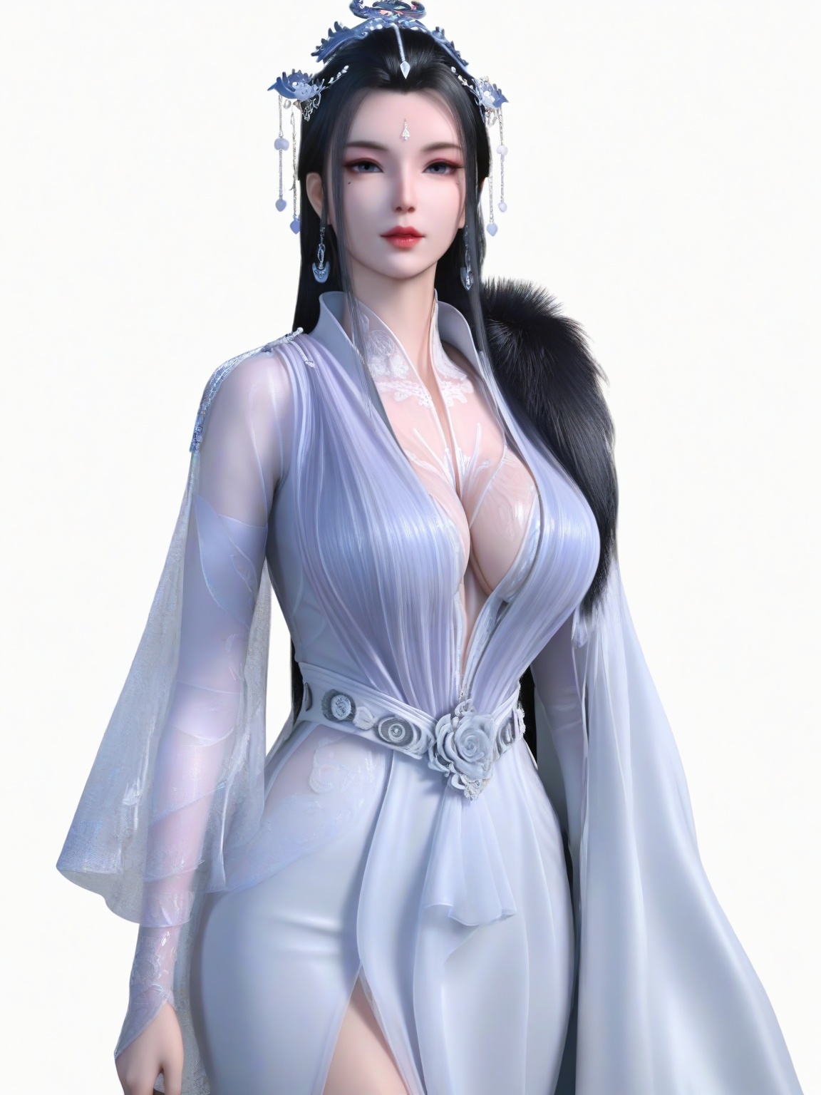 score_9,dress,black hair,long hair,hair ornament,forehead mark,1girl,breasts,large breasts,standing,solo,mole under eye,eyeshadow,fur,lipstick,white background, looking at viewer,cowboy_shot,<lora:SF_YueYao_Pony_Realism2.3-000003:0.7>,