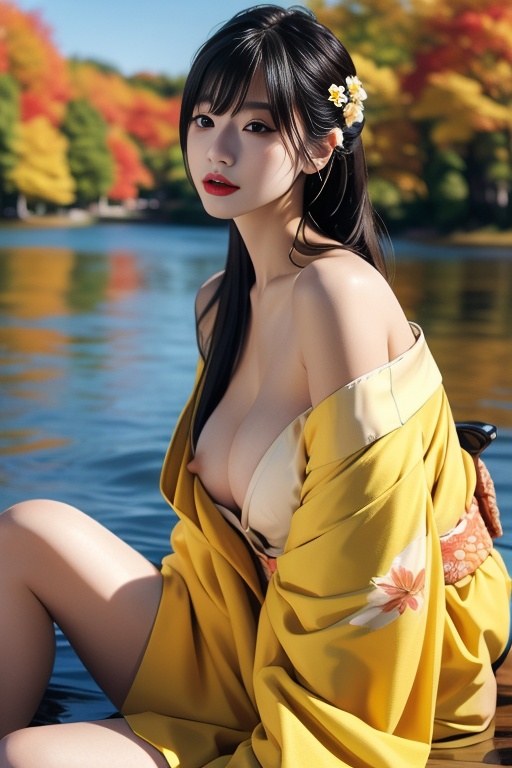 ultra-detailed,highly detailed,best quality,masterpiece,illustration,realistic,1girl,  solo, black hair, very long hair,  bangs, removing kimono,japanese clothes, kimono,yellow kimono, floral print, nipples, breasts,looking at viewer, outdoors, nature, lake,autumn,autumn leaves, sitting, off shoulder, <lora:removing kimono_v1_02:0.5> <lora:fashionGirl_v52:0.7>