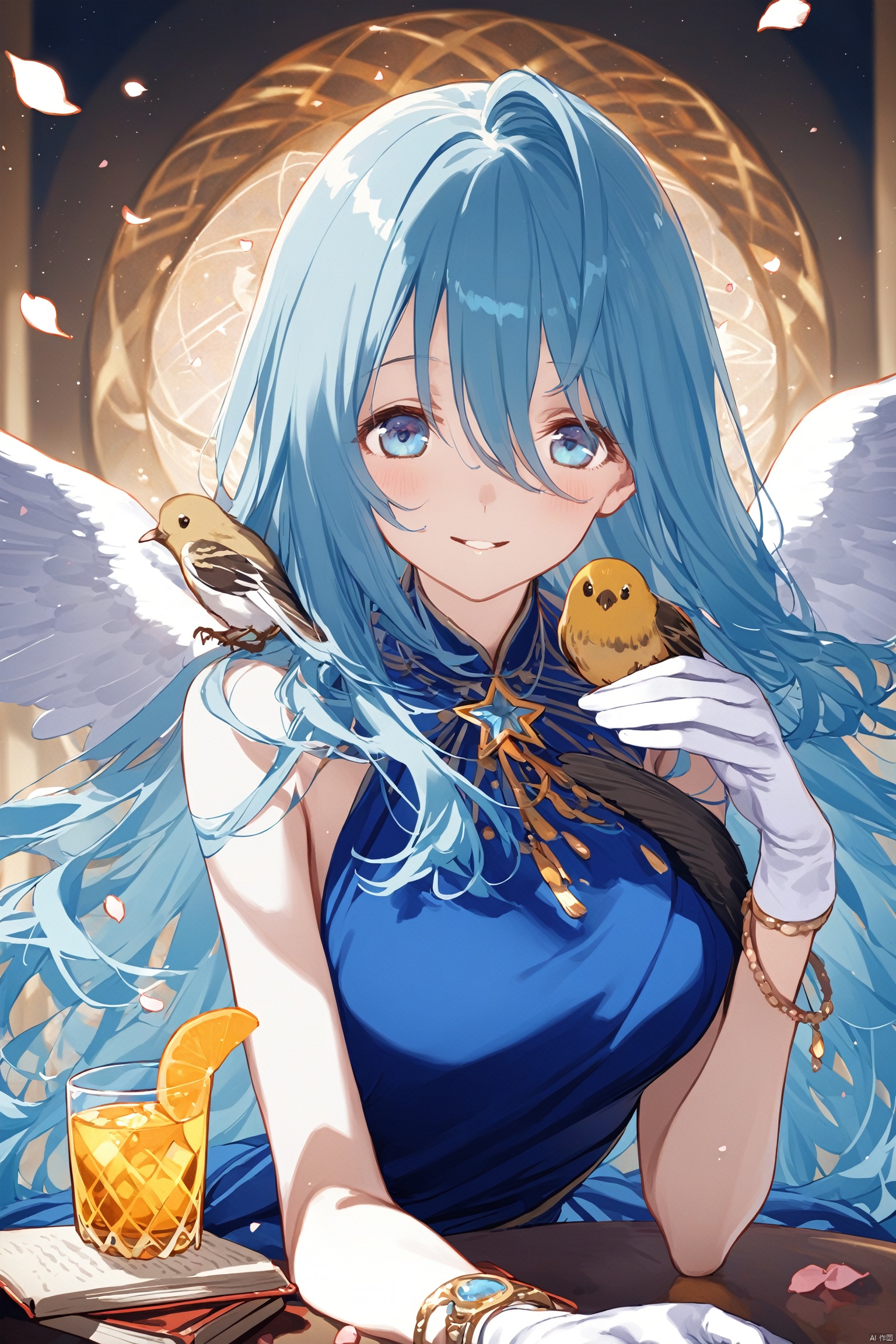 1girl, solo, long hair, breasts, looking at viewer, smile, bangs, blue eyes, gloves, dress, hair between eyes, bare shoulders, jewelry, blue hair, upper body, parted lips, wings, white gloves, star \(symbol\), bracelet, cup, book, petals, sparkle, blue dress, bird, drinking glass, animal on shoulder, bird on shoulder