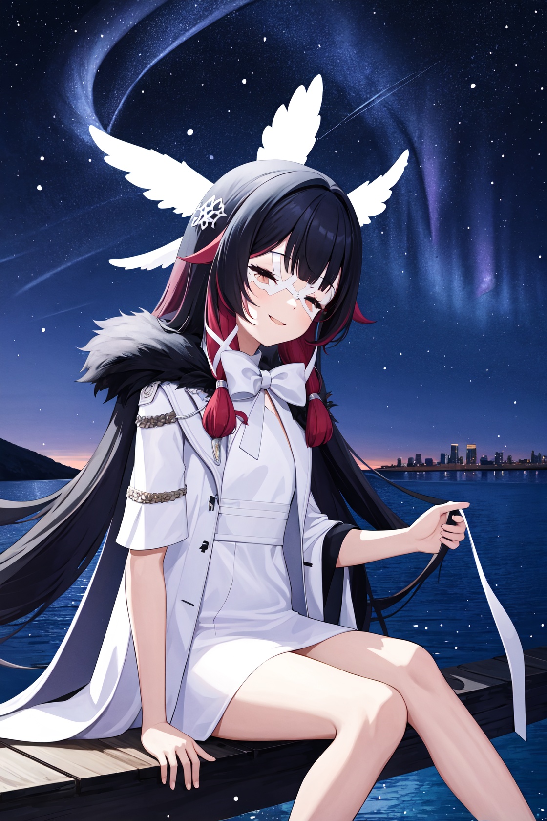 <lora:少女v2-000010:1>,shaonv,1girl,solo,white mask,head wings,fur-trimmed coat,smile,white coat,white bow,white dress,white ribbon,aurora,city lights,cloud,crescent moon,fireflies,horizon,light particles,milky way,moon,night,night sky,shore,sitting,sky,skyline,snowing,space,star \(sky\),starry background,starry sky,twilight,water,, (masterpiece,best quality,high quality:1.2),absurdres,