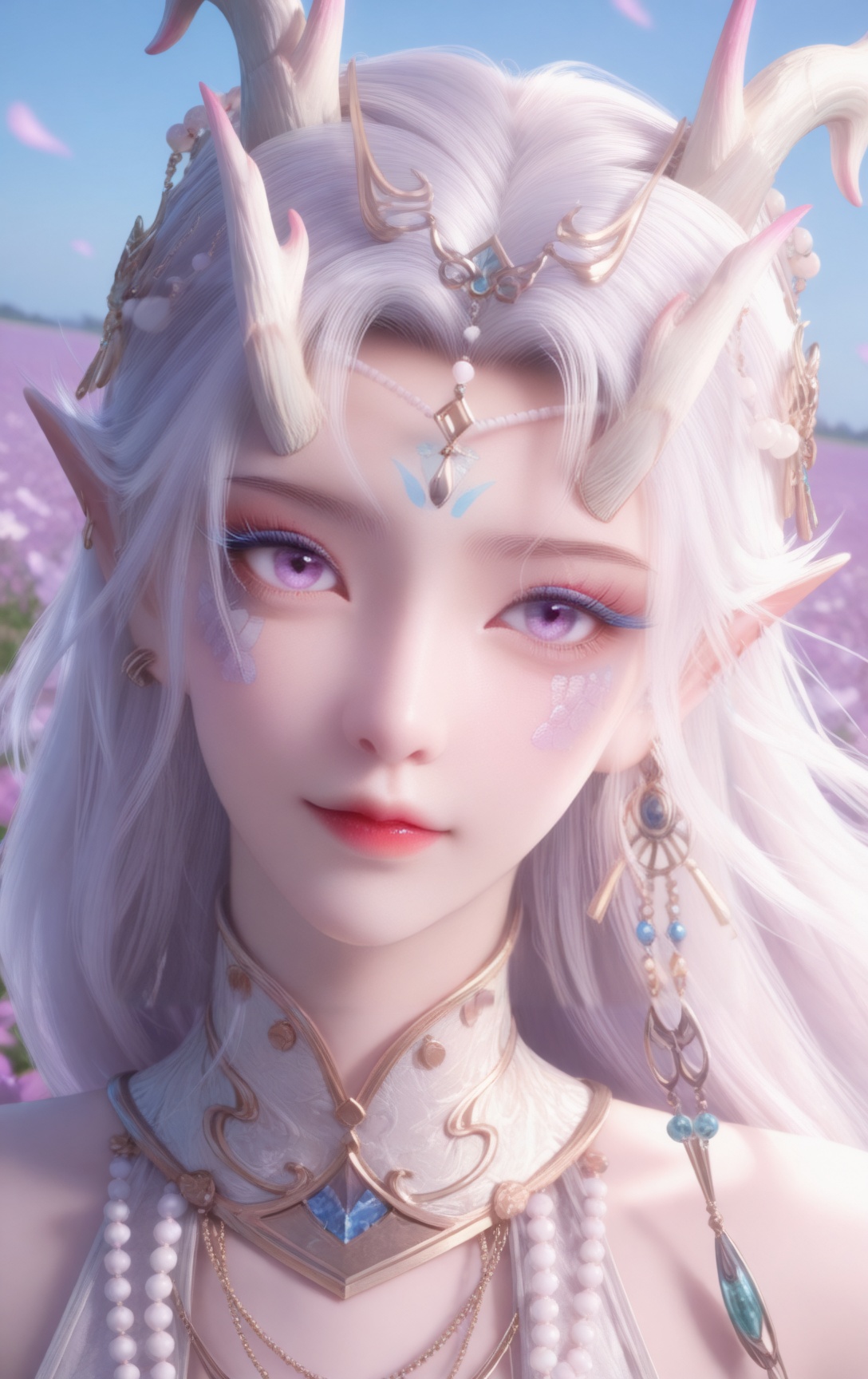 fengny,1girl,solo,jewelry,looking at viewer,horns,pointy ears,earrings,long hair,white hair,necklace,gem,facial mark,makeup,purple eyes,hair ornament,closed mouth,grey eyes,flower field,wind,floating hair,day,<lora:fengny:0.8>,