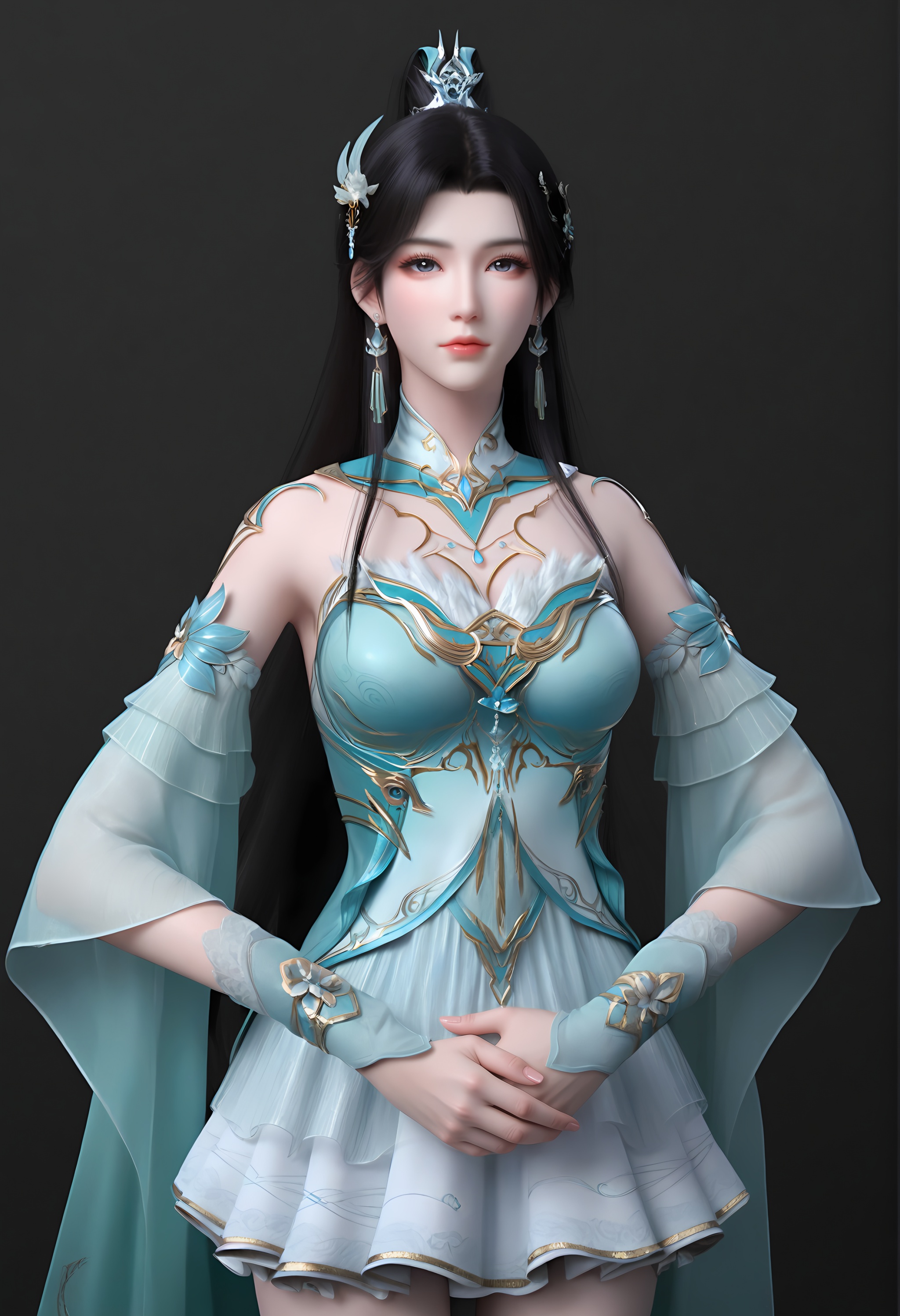 (score_9),<lora:古熏儿2-apony:0.83>,guxuner,1girl,solo,long hair,hair ornament,earrings,ponytail,hair tie,black hair,jewelry,single hair bun,gold accessory,detached collar,jewelry,dress,detached sleeves,wrist cuffs,cape,bare legs,mature_female,collarbone,large breasts,cleavage,BREAK<lora:Expressive_H-000001:0.8>,light blush,Expressiveh,looking at viewer,front view,standing,<lora:e肤色滑块:0.25>,fair_skin,(pale skin),ultra-detailed skin texture,detailed textures,<lora:皮肤凹痕:1.2>,BREAKsimple background,black background,<lora:e色温:0.25>,4K ultra HD,sharp focus,high detail,high contrast,