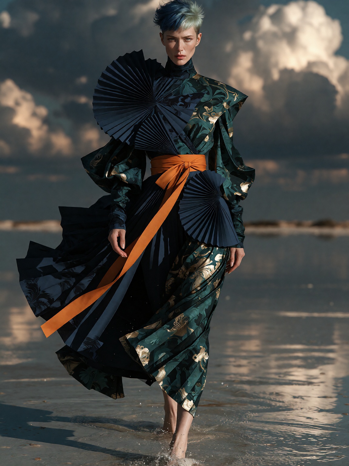 ta86_avuncanny,  avant garde. Photoreal avant garde fashion editorial of a wiry Korean woman in her early 50s walking towa...