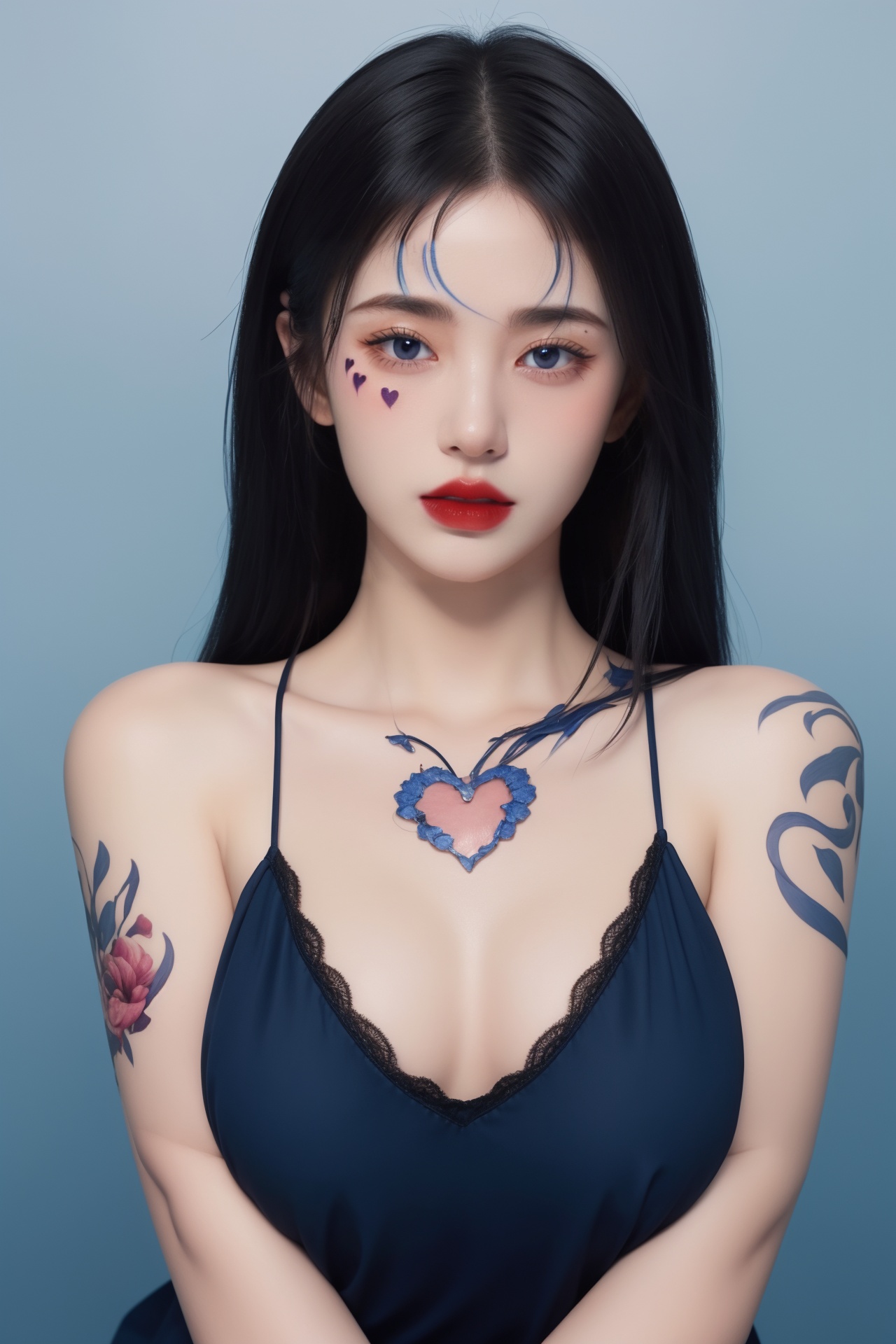 1girl, arm tattoo, bangs, bare shoulders, blue background, blue eyes, blue hair, body writing, breasts, facepaint, facial mark, facial tattoo, gradient, gradient background, hair ornament, heart tattoo, lips, lipstick, long hair, makeup, medium breasts, number tattoo, parted lips, red lips, shoulder tattoo, sleeveless, solo, tattoo, upper body ,huge breast<lora:绘画美女1.0:0.8>