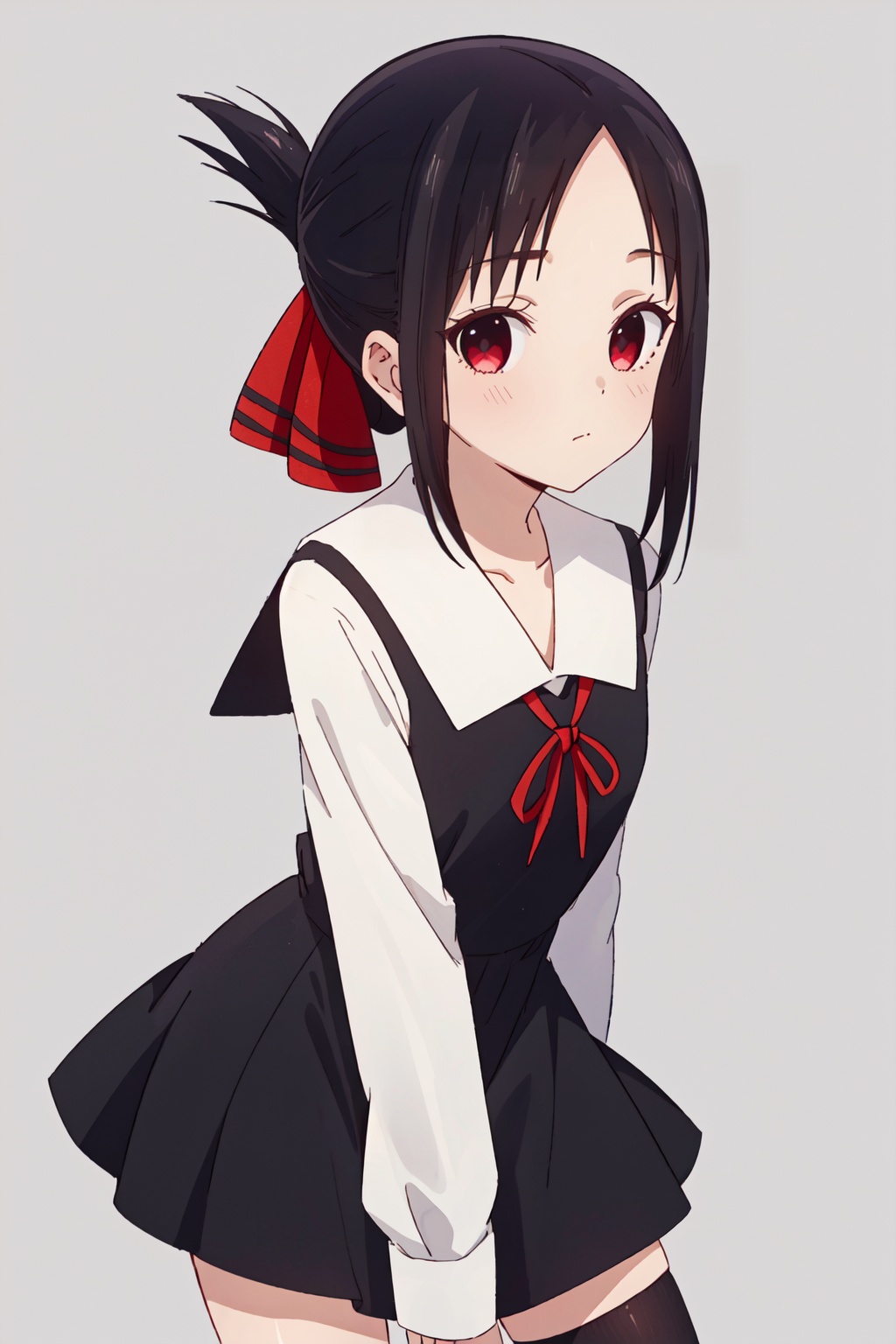 1girl,looking at viewer,solo,black hair,short hair,folded ponytail,red eyes,shuuchiin academy school uniform,dress,ribbon,red ribbon,socks,black socks,hair ribbon,black dress,kneehighs,shoes,long sleeves,<lora:Kaguya:0.8>,Kaguya_CYQL,portrait,beautiful face,beautiful eyes,glossy skin,shiny skin,grey background,simple background,posing in front,masterpiece,best quality,beautiful and aesthetic,contrapposto,female focus,wallpaper,fashion,