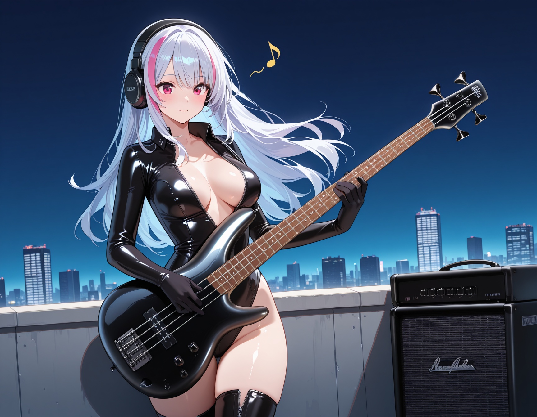 (1woman playing bass guitar),solo,standing,dynamic pose,from front,beautiful eyes,long hair,streaked long hair,glossy black leather long Sleeve,Open collar,shiny sliver accents,bare hip unzipped,cutouts on sides catsuit,elbow gloves,lovestruck,headphone,thighboots,speaker,amplifier,musical note,skyscraper rooftop,textures,detailed texture,very detailed face,masterpiece,best quality,good quality,very awa,very aesthetic,absurdres,newest,<lora:SR300E ILL:1>,