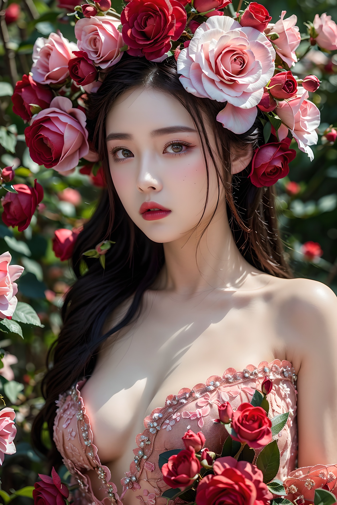 1girl,flower,solo,(Photography blockbuster:1.6),(masterpiece1.2),(8k:1.4),rose,looking at viewer,makeup,red lips,long hair,red flower,petals,red rose,brown eyes,pink flower,lips,collarbone,lipstick, <lora:rose fashion:0.6>,