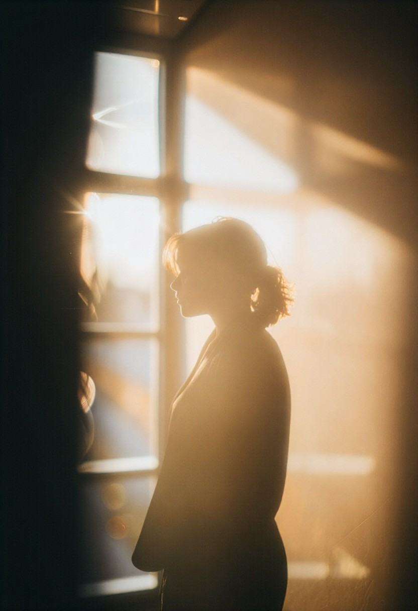 A sharply focused person stands motionless just outside a floor-to-ceiling window at golden hour,  their silhouette soft b...