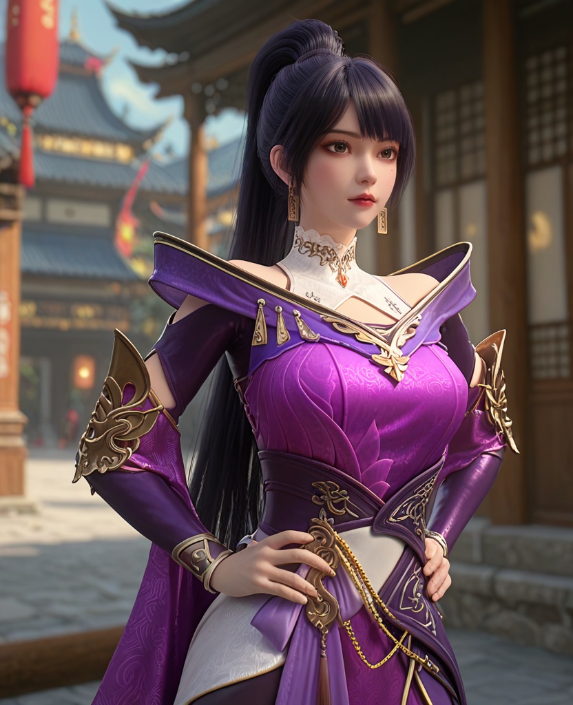 (oriental architecture, elegant decor, sophisticated style:1.1),(Hands on hips, facing the camera,:1.1),(breasts:1.2),<lora:XL百炼成神莫雨馨:0.95>,miss moyuxin,black hair,jewelry,mole,ponytail,earrings,armor,long hair,purple armor,bangs,large breasts,, zPDXL2, score_9, score_8_up, score_7_up BREAK realistic, masterpiece,best quality, highly detailed,, zPDXL3, zPDXL2,zPDXL, zPDXLxxx, zPDXLrl,
