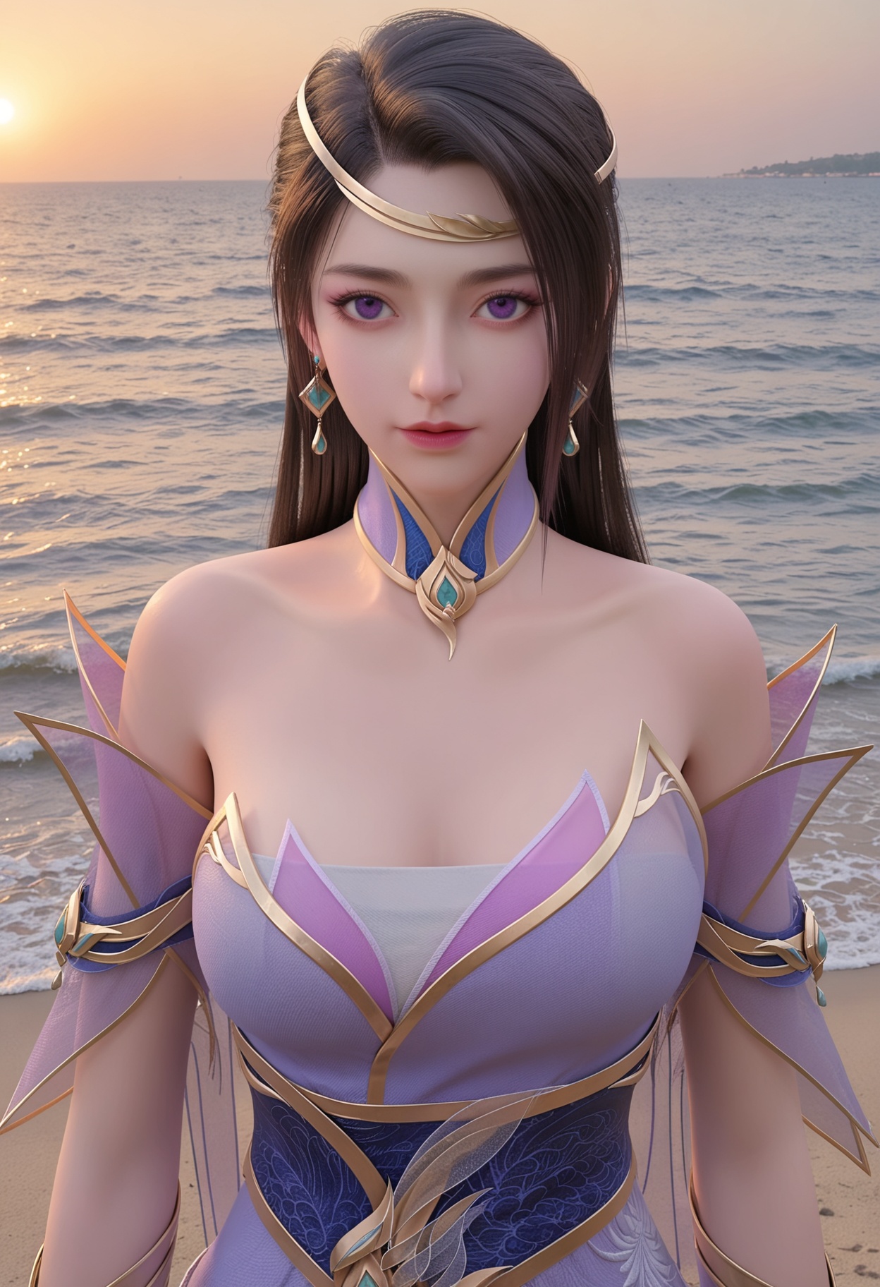perfect_anatomy,(score_9:1.1),(upper_body:1.1),looking_at_viewer,<lora:YQ_pony_chulingyu_V3:0.8>,1girl,q1528437228,solo,long hair,jewelry,dress,earrings,bare shoulders,black hair,purple dress,breasts,detached collar,detached sleeves,purple eyes,hair ornament,collar,cleavage,perfect_anatomy BREAK (perfect_anatomy:1.1),mature female,(in the ocean,:1.1),(shiny_skin),(Ivory_skin:1.1),(cinematic lighting),
