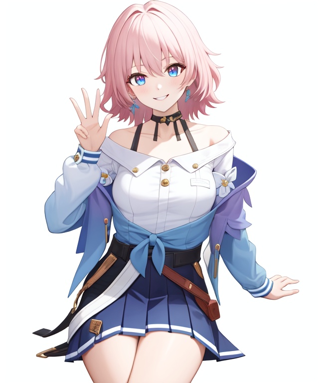 <lora:三月七v410:1:lbw=char>,march7th,1girl,solo,white shirt,long sleeves,blue jacket,blue skirt,black choker,earrings,pleated skirt,bare shoulders,smile,<lora:三月七v2:0:lbw=char>,, (masterpiece,best quality:1.2),absurdres, high quality,