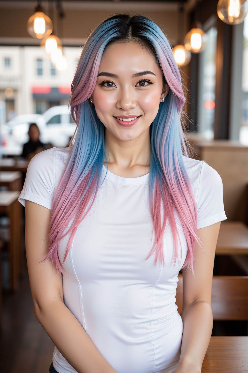 The image features a woman with long, straight hair dyed in a gradient of pastel colors, including shades of blue and pink. Her hair falls past her shoulders, with the blue tones concentrated on the left side and pink on the right. She has a fair complexion and is wearing a fitted, short-sleeved white top that accentuates her figure. Her expression is friendly, with a gentle smile, and she has small, delicate earrings. She is standing in what appears to be a cozy, well-lit cafe or restaurant, with wooden tables and chairs in the background. Hanging light bulbs with warm, soft lighting illuminate the space, and a window behind her reveals an outdoor street scene with blurred buildings and vehicles. Her posture is relaxed, with one hand resting on a wooden table and the other arm hanging naturally by her side. The overall atmosphere is casual and inviting, with a focus on the subject’s vibrant hair and stylish, form-fitting attire.