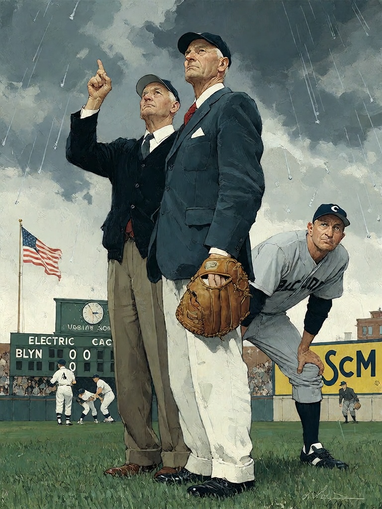 Bradhamel art style. A classic 1940s American baseball stadium scene rendered as a detailed oil painting,  featuring three...