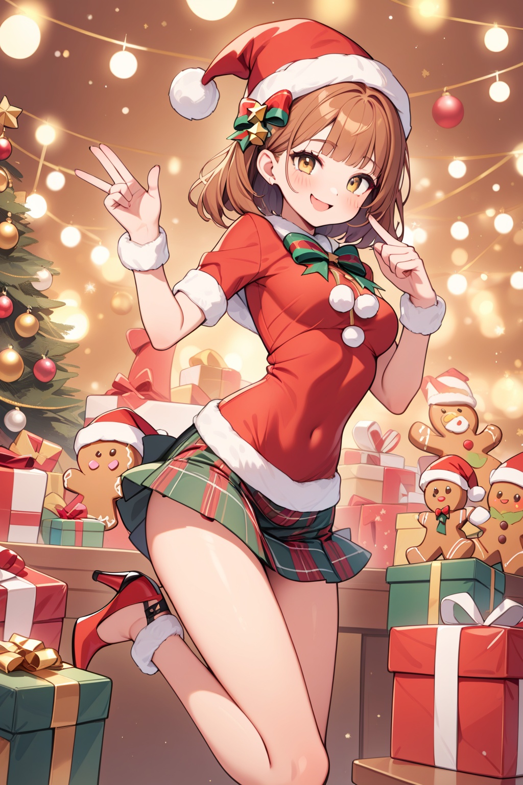 Christmas hat,1girl,Christmas Eve,gingerbread,high heels,yellow eyes,bow,audience,solo,Christmas gift,Christmas stocking,bangs,smile,skirt,: p,shut up,medium chest,hair decorations,<lora:糖果森林_XL_LoRA_v1.1:1.3>,, masterpiece,best quality,very aesthetic,absurdres,