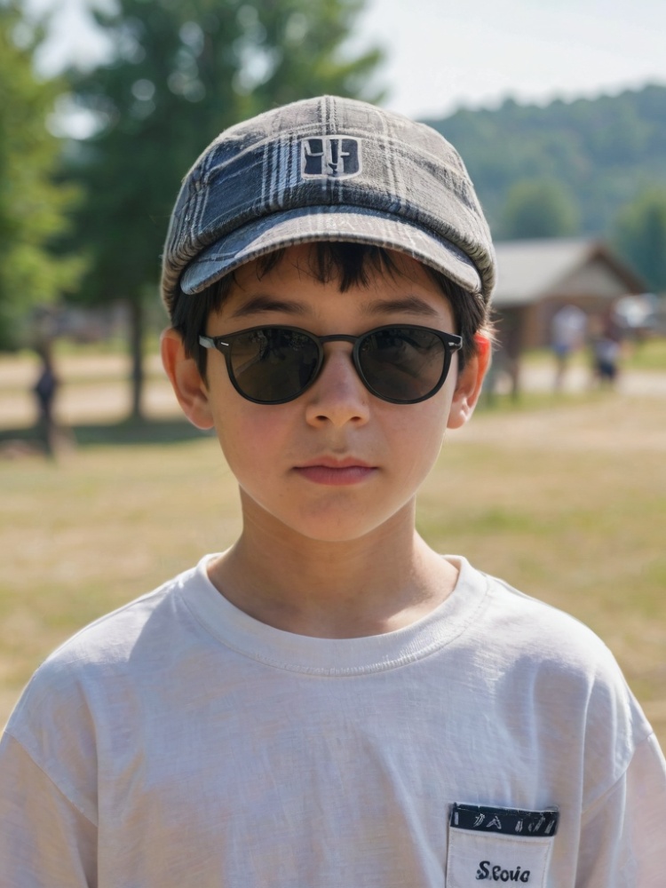 score_9, score_8_up, score_7_up, score_6_up, score_5_up, score_4_up,solo, looking at viewer, shirt, black hair, 1boy, hat, white shirt, upper body, short sleeves, male focus, outdoors, day, blurry, plaid, blurry background, sunglasses, realistic, plaid shirt