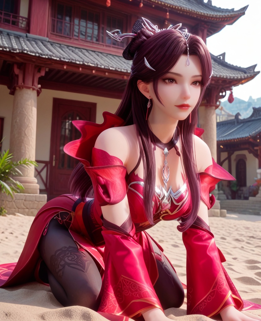 (oriental architecture, elegant decor, sophisticated style:1.1),(Kneeling on a sandy beach, building a sandcastle, capturing a moment of childlike wonder,:1.1),(breasts:1.2),<lora:XL宗门卧底萧媚:0.95>,miss xiaomei,red dress,choker,detached sleeves,brown eyes,brown hair,forehead pendan,long hair,hair ornament,black pantyhose,earrings,jewelry,hanging hair,, score_9,score_8_up,score_7_up,score_6_up,score_5_up,score_4_up,3d rendering,tag1,tag2, Cinematic Lighting,backlighting,