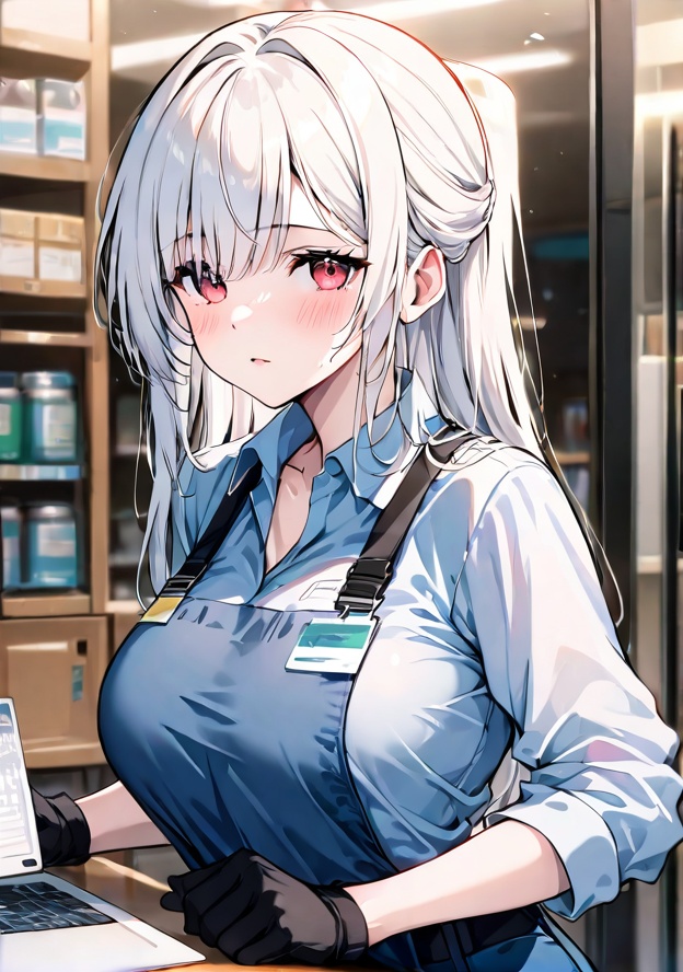 IL,  Female worker with bangs and white hair,  wearing work clothes by kate on Tensor.Art