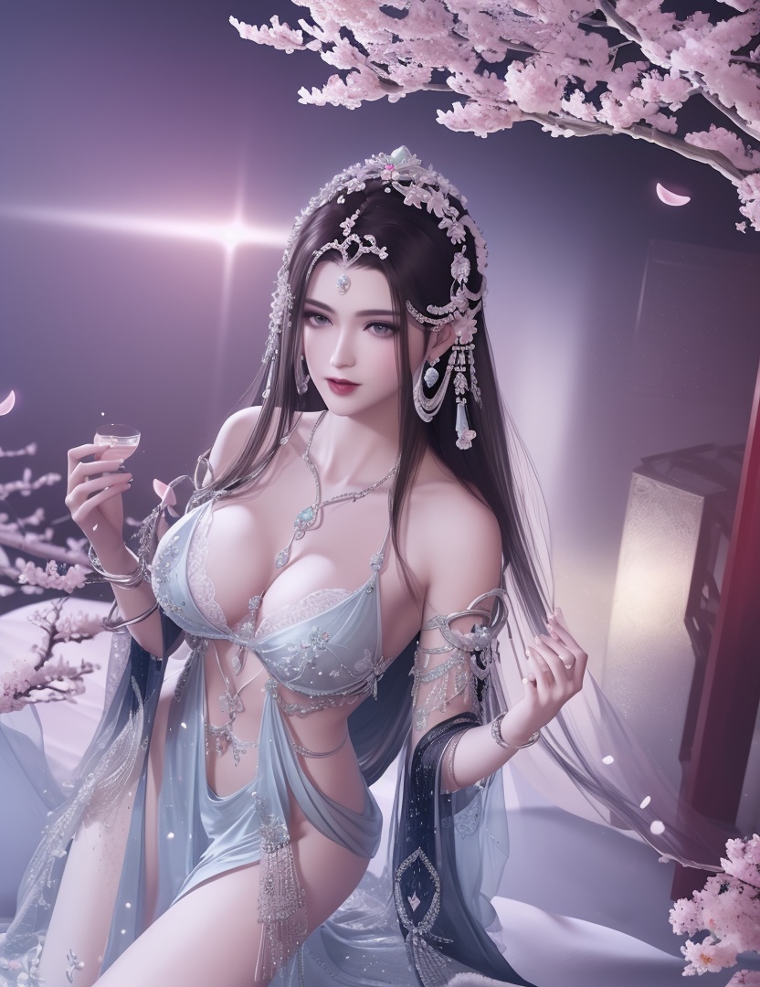 ultra realistic 8k cg, picture-perfect face, flawless, clean, masterpiece, professional artwork, famous artwork, cinematic lighting, cinematic bloom, perfect face, beautiful face, fantasy, dreamlike, unreal, science fiction , beautiful clothes, lace, lace trim, lace-trimmed legwear,  (rich:1.4), prestige, luxury, jewelry, diamond, gold, pearl, gem, sapphire, ruby, emerald, intricate detail, delicate pattern, charming, alluring, seductive, erotic, enchanting, hair ornament, necklace, earrings, bracelet, armlet,halo((,1girl, pov,))  (((1girl, solo,spring \(season\),cherry blossoms, large breasts,  looking_at_viewer ,chest jewel,  )))    <lora:DA_NSH_XLZH:0.6>