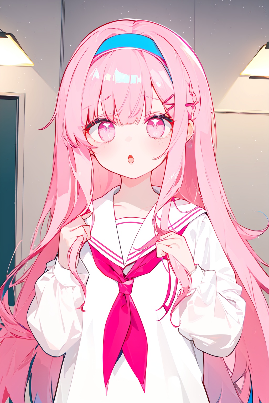 1girls,:o,bangs,blue_neckerchief,hair_ornament,hairband,hairclip,long_hair,long_sleeves,multiple_girls,neckerchief,open_mouth,pink_eyes,pink_hair,pink_neckerchief,red_neckerchief,school_uniform,serafuku,shirt,star_\(symbol\),upper_body,white_shirt, indoor, masterpiece, best quality