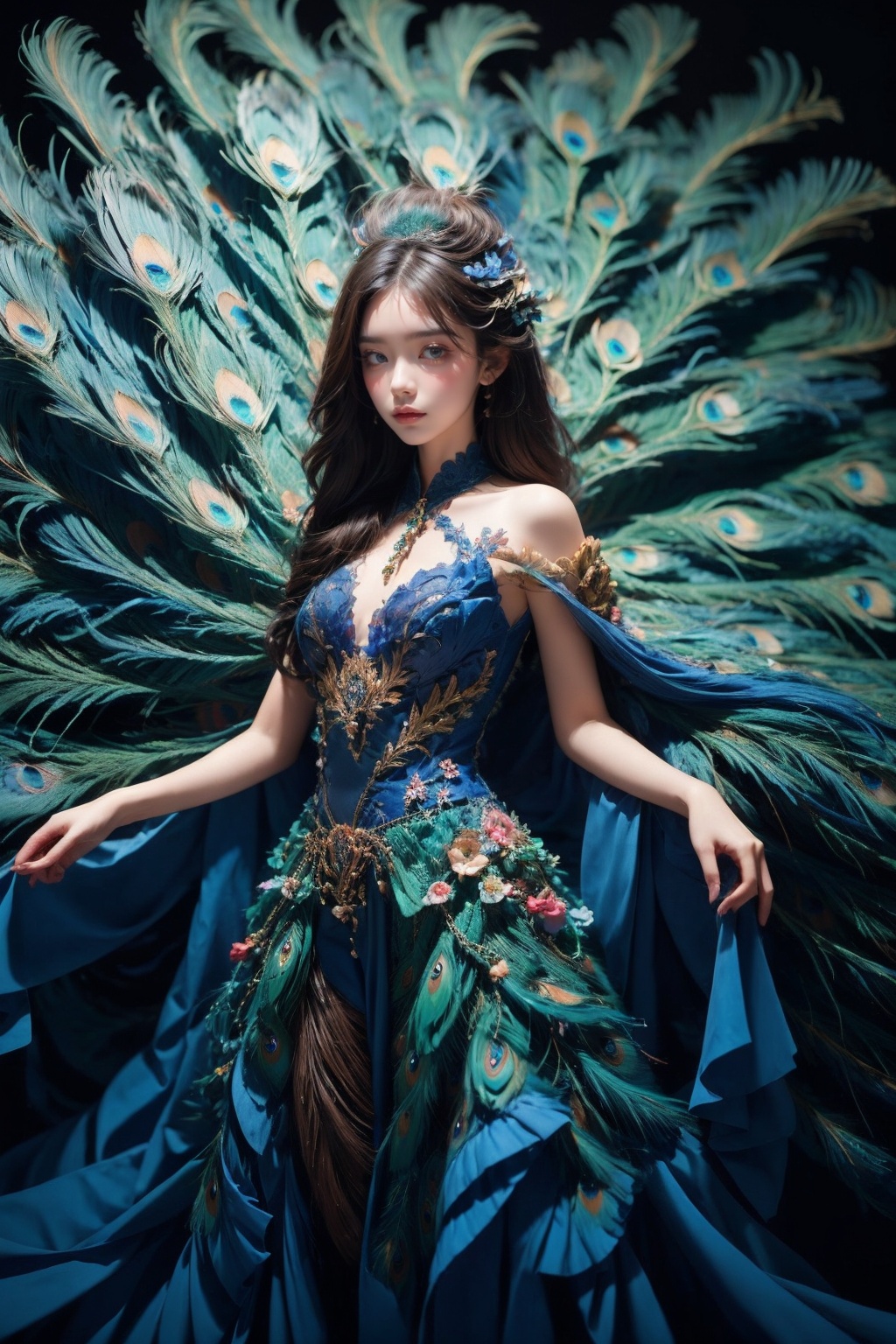 18 y.o girl,dress,peacock feather,flower background,<lora:Again_Style:0.8>,<lora:Again_Girl_A11:0.8>