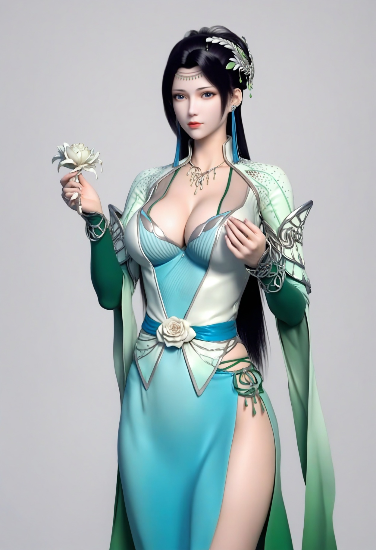fair_skin,white_skin,Ivory_skin,<lora:SF_YunYunGreenClothes2_Pony_Realism2.3-000002:0.7>,hair ornament,green dress,black hair,1girl,standing,breasts,large breasts,solo,looking at viewer,simple background,white background,