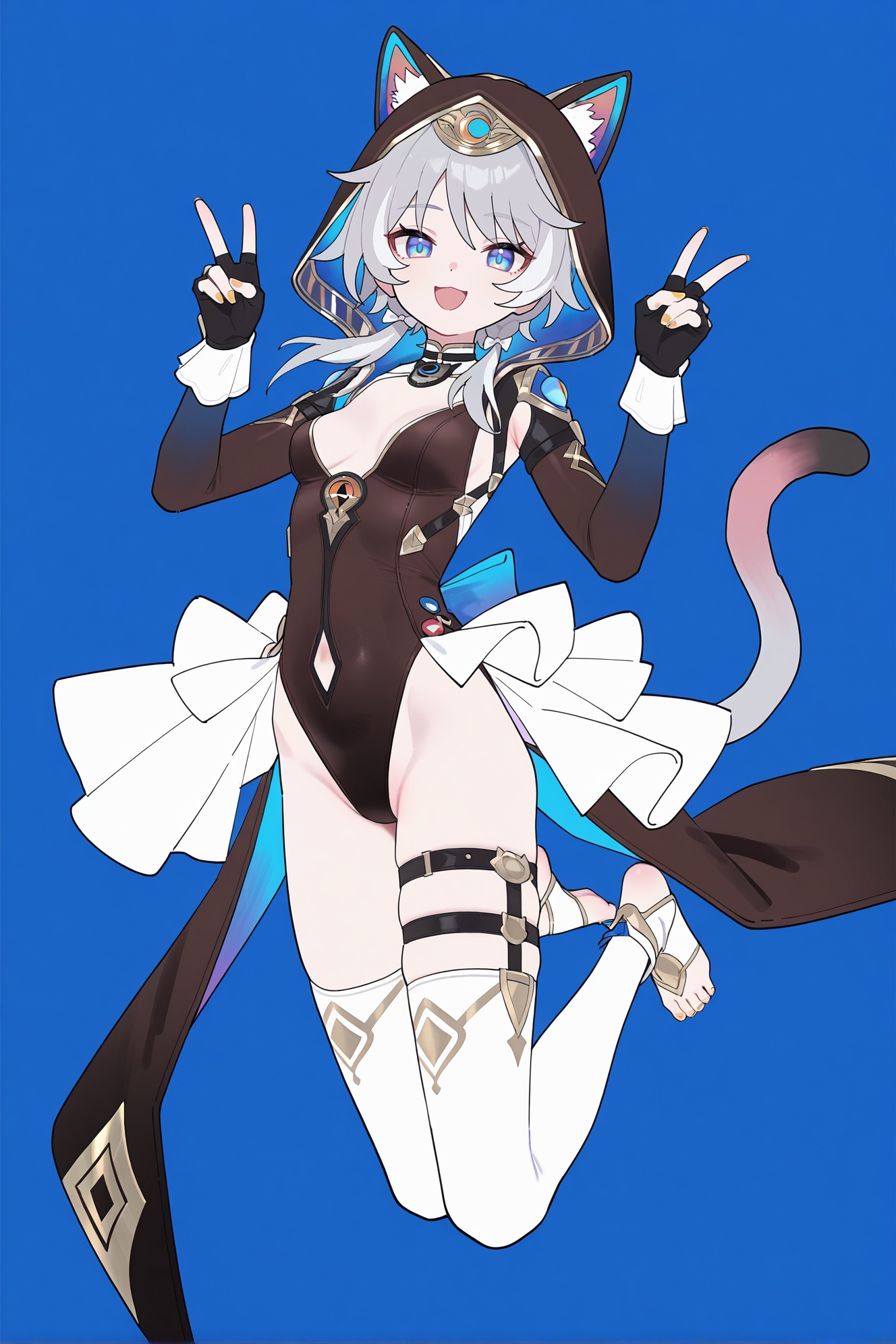 8k,best quality,masterpiece,ultra-detailed,(high detailed skin),(year 2024:0.8),flat color,artist:maidforge,artist:aqua inc.,artist:edoya inuhachi,artist:reoen,artist:fuzichoco,solo,white background,simple background,barefoot,no bra,petite,skinny,toeless_legwear,white thighhighs,indoor,looking_at_viewer,panorama,full_shot,dashed_eyes,wedding_dress,jumping,double_v,happy,<lora:Cipher-ill-Tanger-000012:0.8>,Cipher \(honkai: star rail\),cat girl,cat ears,cat tail,clothes: Cipher black clothes,1girl,blue eyes,breasts,fingerless gloves,thighhighs,boots,