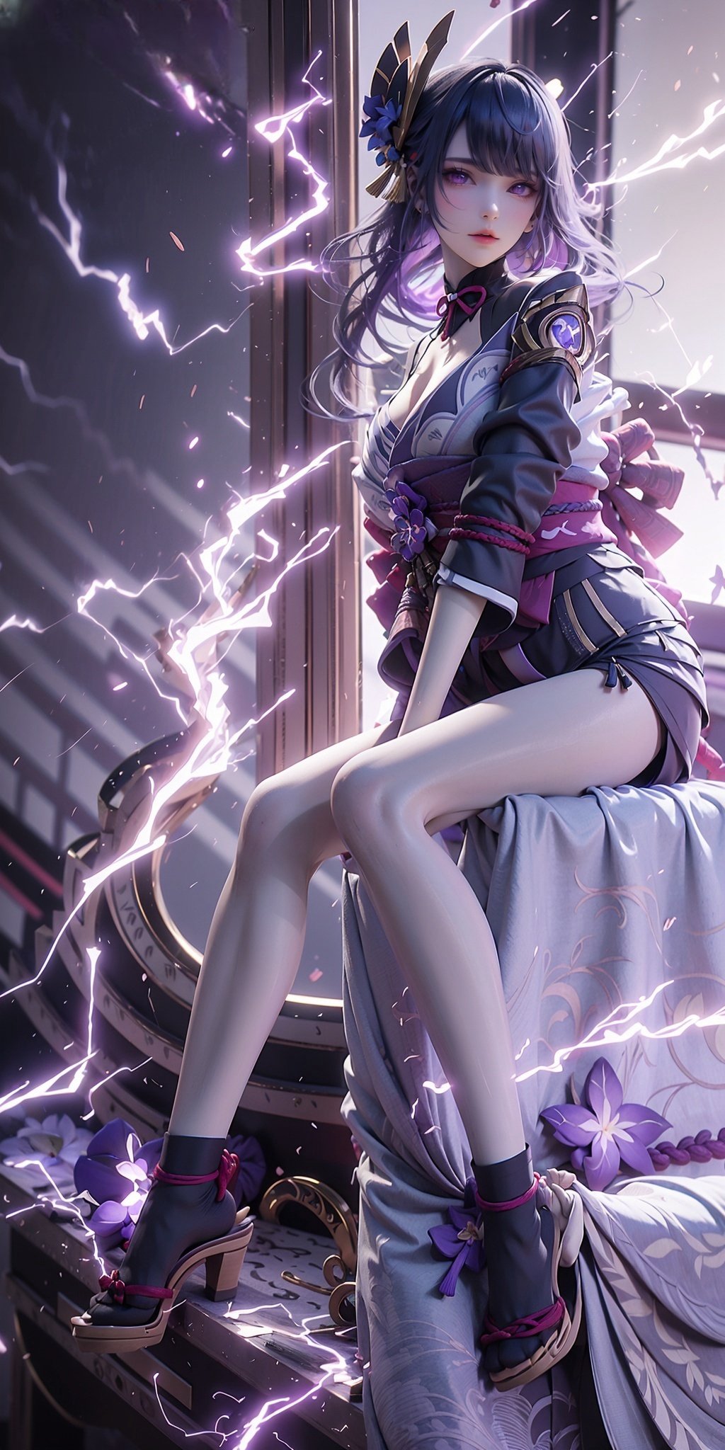 8K raw photo,Best quality,(masterpiece),ultra high res,(photorealistic:1.4),raw photo,1girl,tall female,skinny,slim_legs,long legs,solo,(perfect body shape:1.1),powerful expression,(interplay of sunlight and shadows:1.3),<lora:雷电1:1:1:lbw=char>,leidian,1girl,solo,purple hair,purple eyes,(electricity:1.2),hair ornament,looking at viewer,bangs,portrait,long hair,mole,realistic,eyelashes,hair between eyes,kimono,long hair,obi,bangs,flower,tassel,purple kimono,ribbon,purple flower,thigh socks,geta,