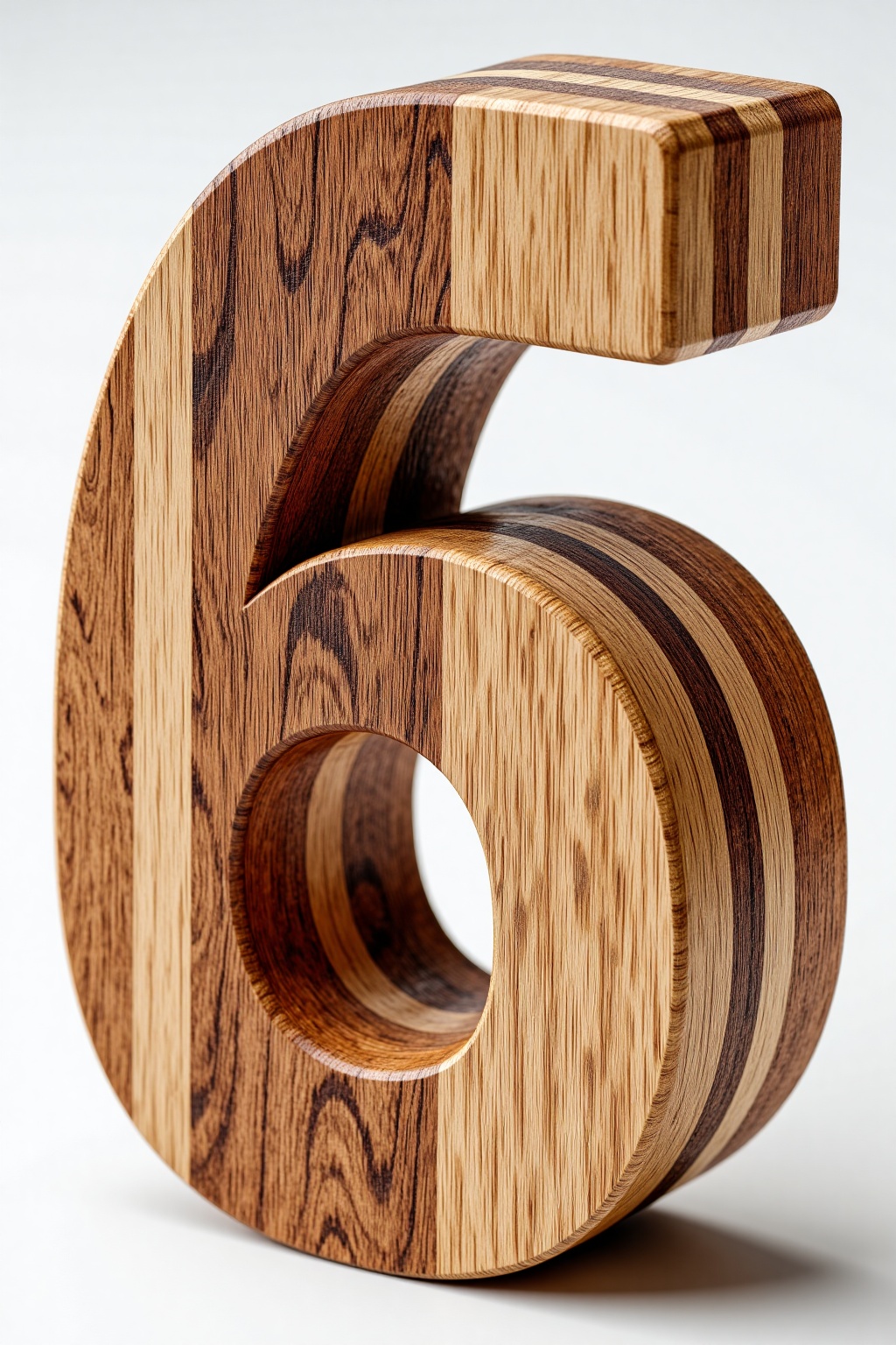 beijihui,The image shows a three-dimensional wooden number "6" crafted with intricate wood grain patterns. The wood is divided into different shades of brown,creating a visually appealing contrast. The number is designed with smooth curves and a circular hole in the middle,giving it a modern and artistic look. The background is plain white,which highlights the detailed craftsmanship of the wooden "6.",