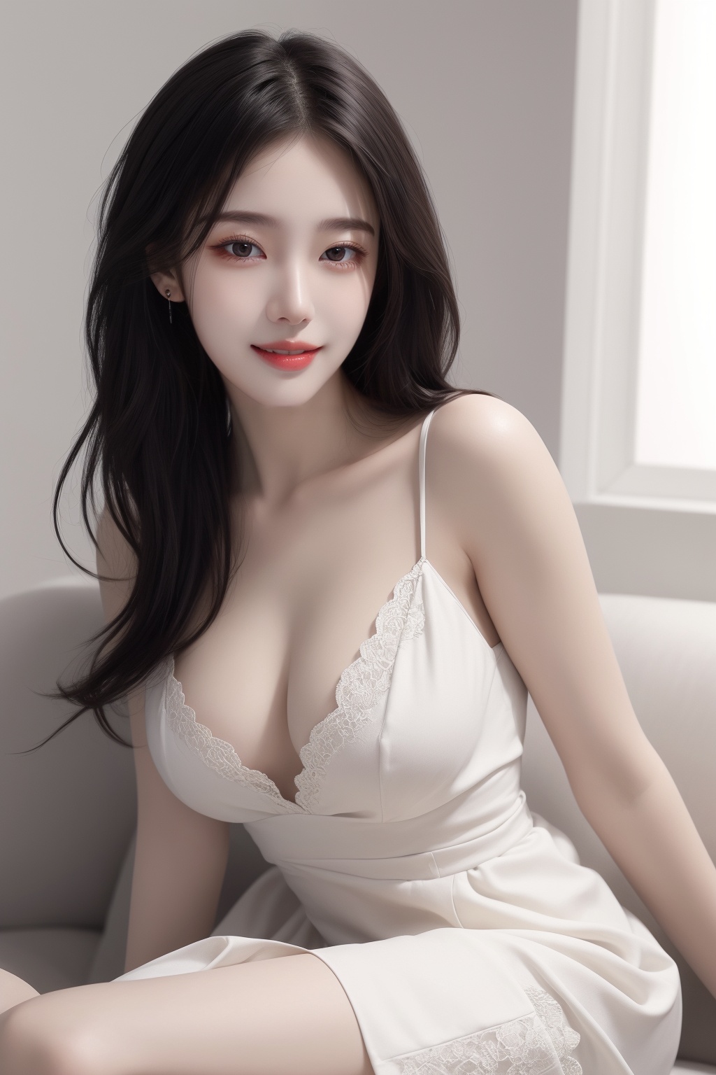 1girl, arm support, black hair, breasts, brown eyes, cleavage, dress, large breasts, lips, long hair, looking at viewer, photorealistic, realistic, sitting, smile, solo, white dress <lora:女:0.8>