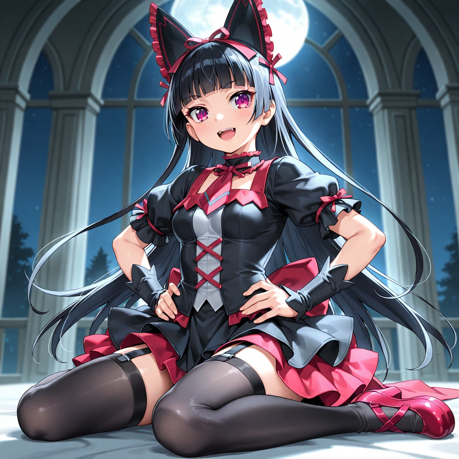 ,1girl,blurry background,highly detailed background,detailed beautiful face and eyes,shiny hair,sidelighting,full shot,sitting,:d,wariza,legs_together,front view,sideways_glance,hands_on_hips,,,, rory mercury,medium breasts,black clothes,gothic_lolita,frilled clothes,puffy_short_sleeves,western hall,night,black_thighhighs,garter_straps,