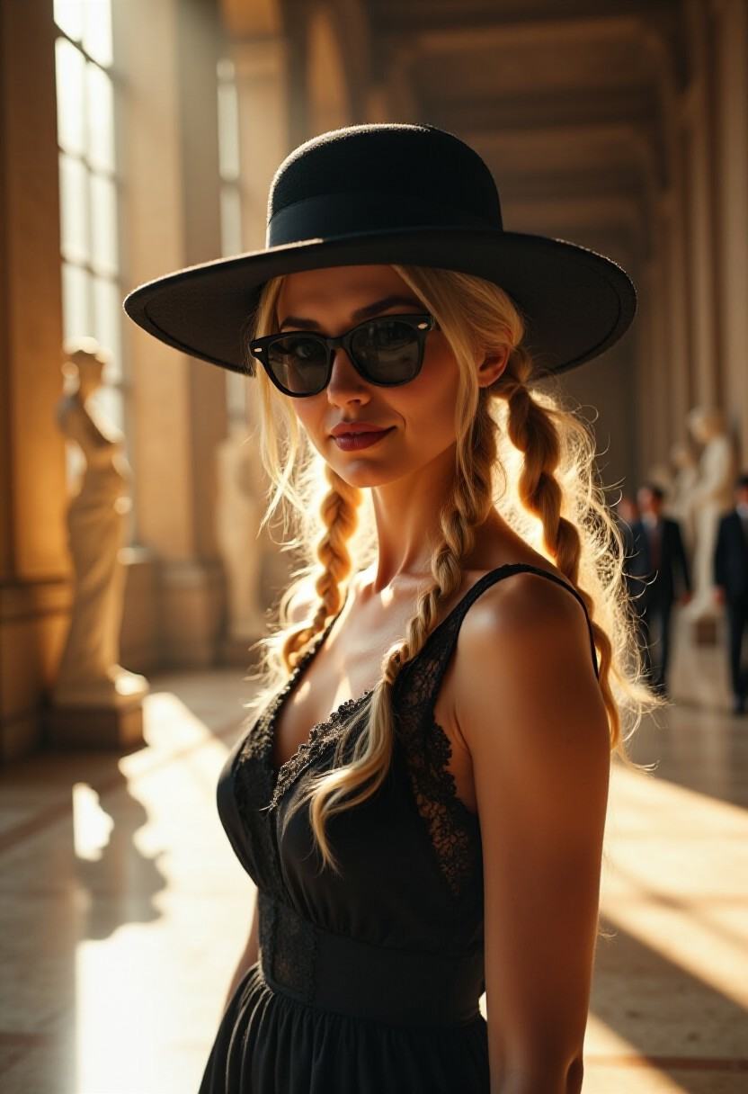 Cinematic shot of an elegant ***** woman with adorable twintails,  long blonde hair,  and delicate lace accents. She wears...