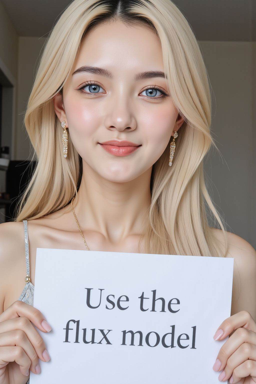 instagram photo, closeup face photo of 20 y.o, blue eyes, pale skin, smirk, blonde long straight hair, elegant dress, holding a sign with text "Use the flux model",
