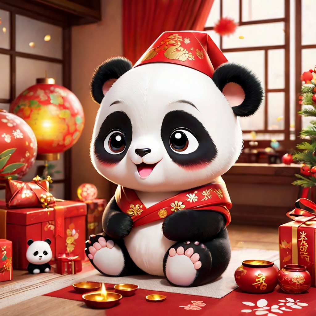 panda,cute,poakl cartoon newyear style,best quality,masterpiece,<lora:poaklSDXLcartoonnewyearV2-000007:0.6>,
