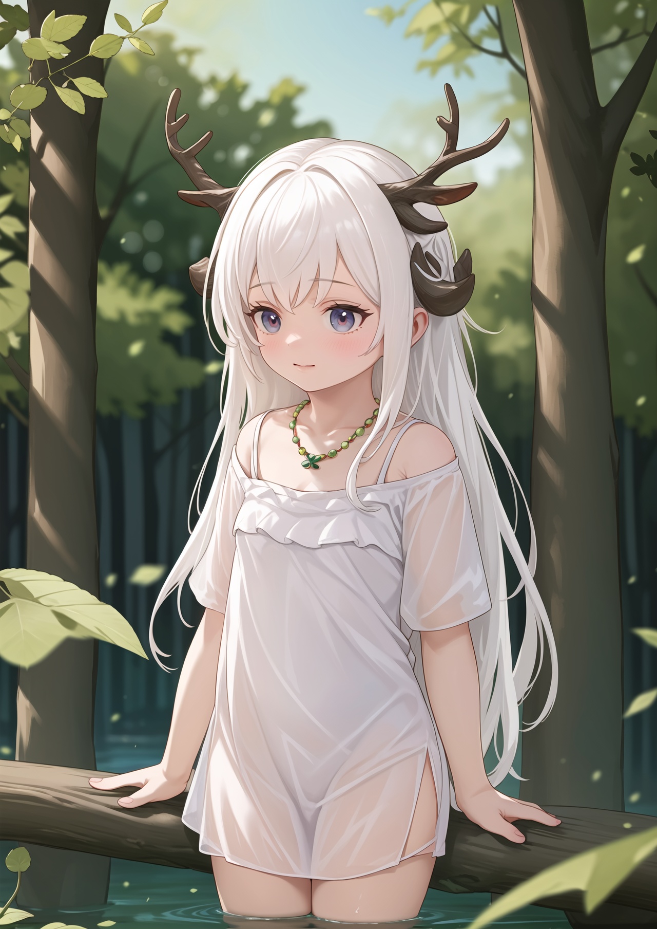 masterpiece,best quality,1girl,deer,jewelry,dress,butterfly,tree,nature,white hair,solo,outdoors,long hair,horns,water,antlers,forest,necklace,blurry,