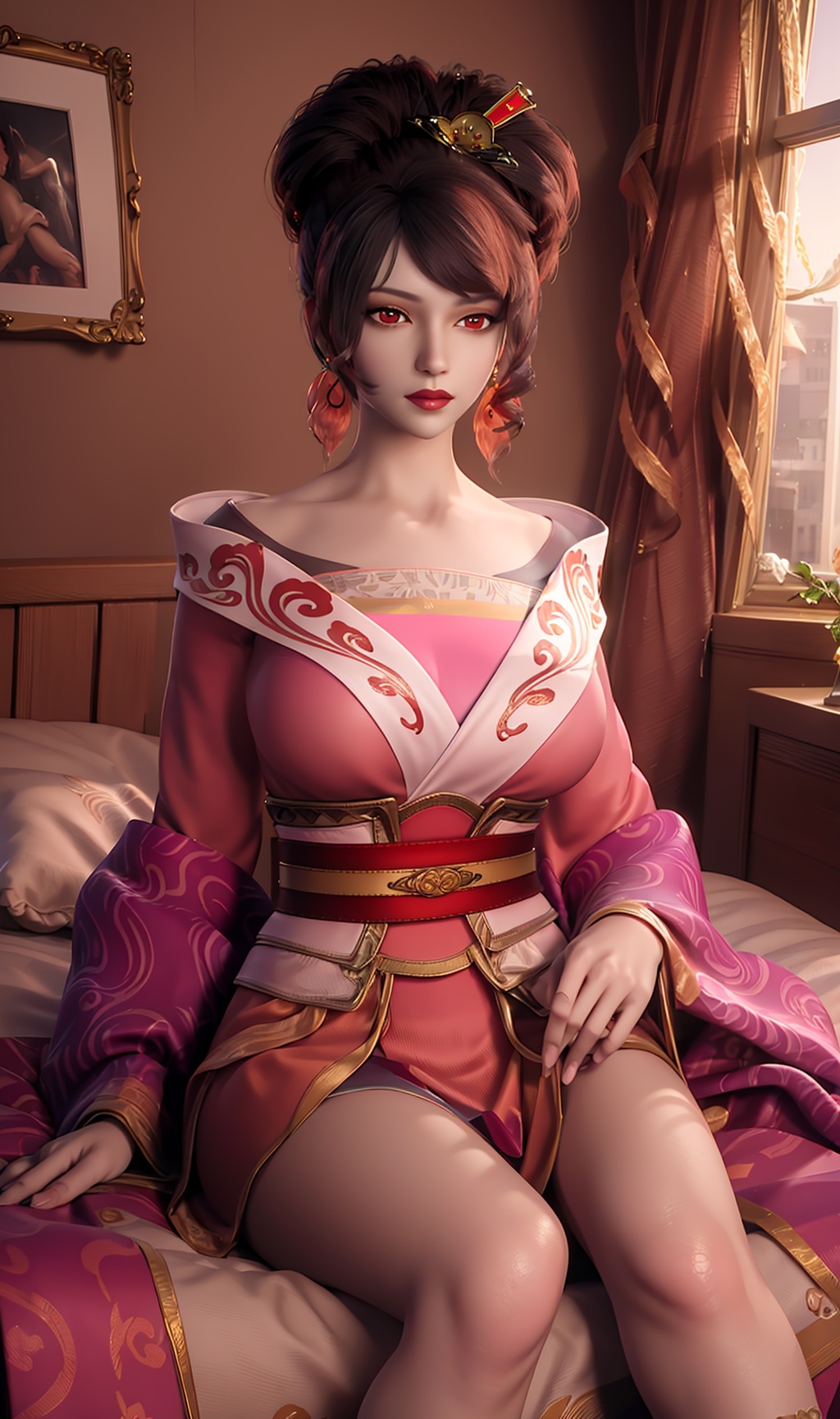 3D,masterpiece,(best quality),(makeup),official art, extremely detailed cg 8k wallpaper,((crystalstexture skin)), (extremely delicate and beautiful),(highly detailed),(face),(tiara),(hairpin),(closed_mouth),(1girl), (solo), (jewelry), (earrings),(brown_hair),(long_hair),(hair_ornament),(handwear),(breasts),(sitting),hand,((upper_body)),(dress),(skirt),(shiny_clothes),(city,outdoor,bed),(belt),(long_sleeves),(multicolored_clothes),(multicolored_dress),(sash),(long_legs),,,((looking_at_viewer)),((Facing the camera)), <lora:hipoly3DModelLora_v10:0.3>