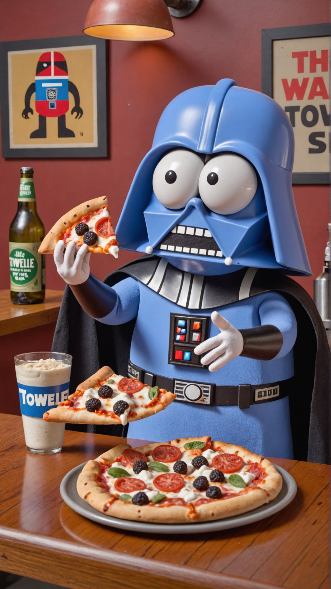 Photo of Towelie as Darth Vader eating pizza at bar on Tensor.Art