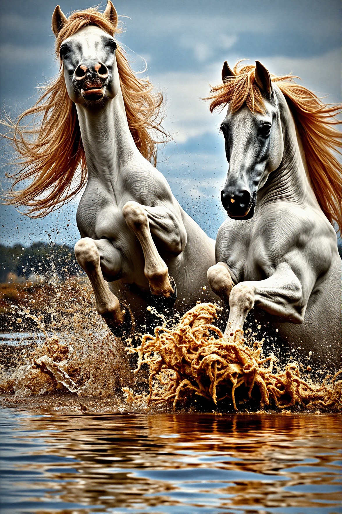 Dynamic composition featuring two white horses in motion,  rearing and biting with splashes of muddy water capturing a vig...