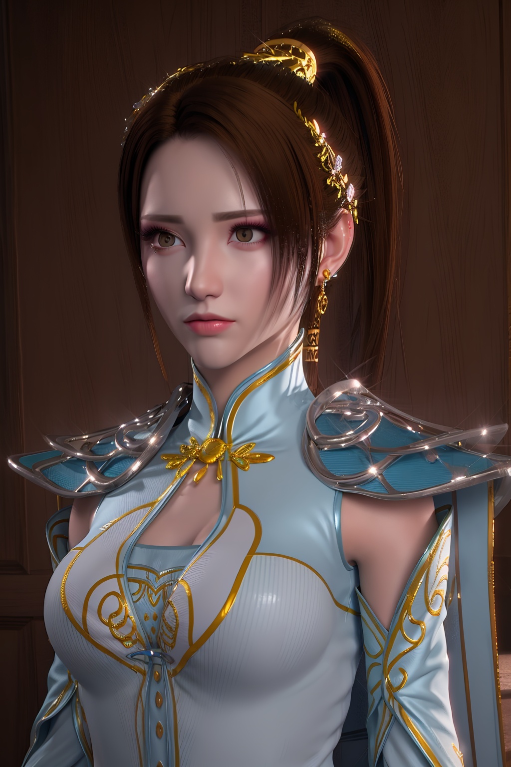 3D,masterpiece,(best quality),(makeup),official art, extremely detailed cg 8k wallpaper,((crystalstexture skin)), (extremely delicate and beautiful),(highly detailed),(face),headpiece,(collar),(ponytail),(shawl),(closed_mouth)(1girl), (solo), (jewelry), (earrings),(black_hair),(long_hair),(hair_ornament),(handwear),(breasts),((upper_body)),(dress),(multicolored_clothes),(multicolored_dress),(shiny_clothes),(city,indoor),,((looking_at_viewer)),((Facing the camera)),, <lora:hipoly3DModelLora_v10:0.3>