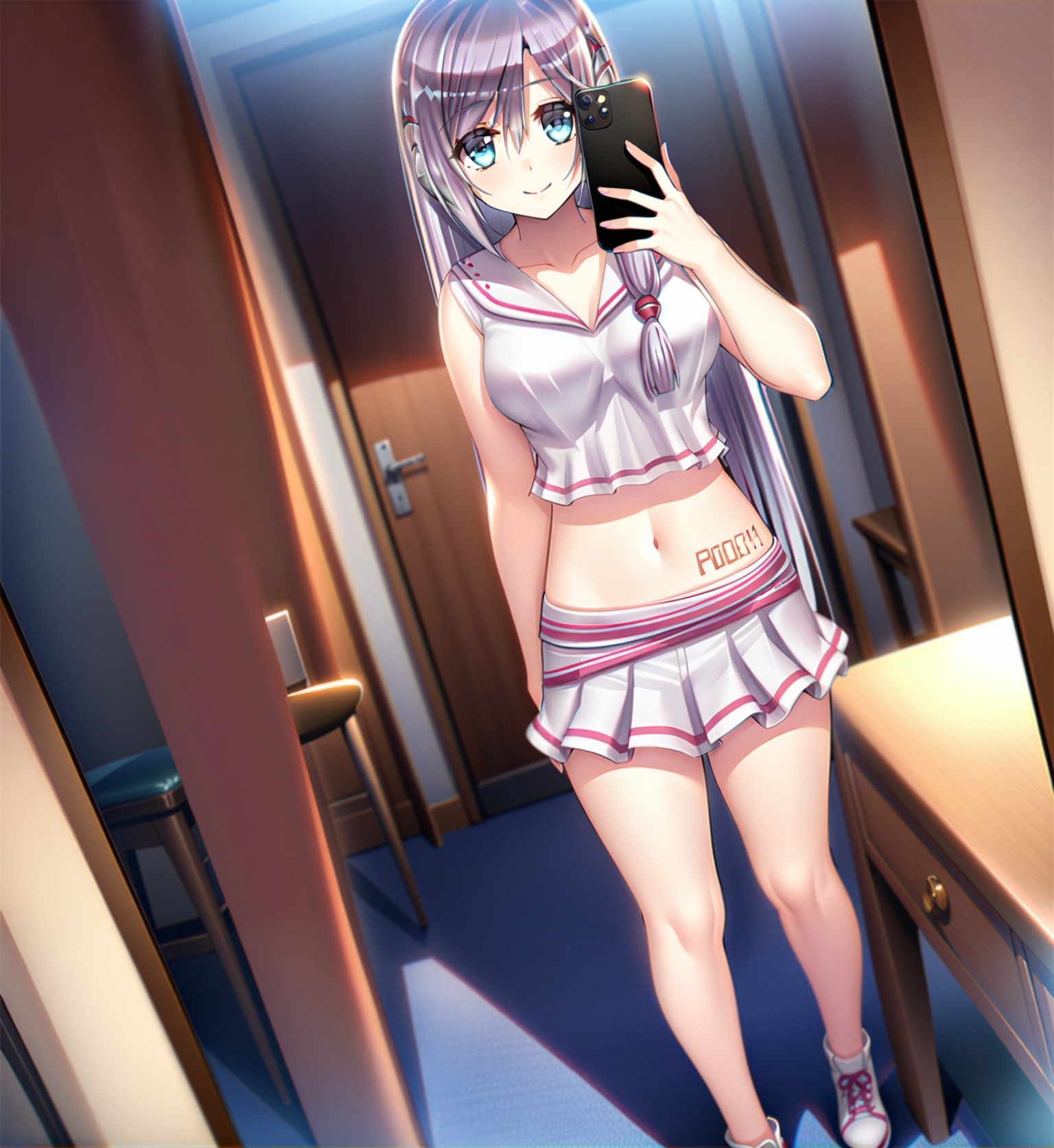((masterpiece)),(((best quality))),((extremely detailed)),hdr,1girl,solo,<lora:修手Fixhands_anime_bdsqlsz_V1:0.7>,lucy,(midriff:1.1),full body,<lora:lucy-000010:1>,mirror selfie,