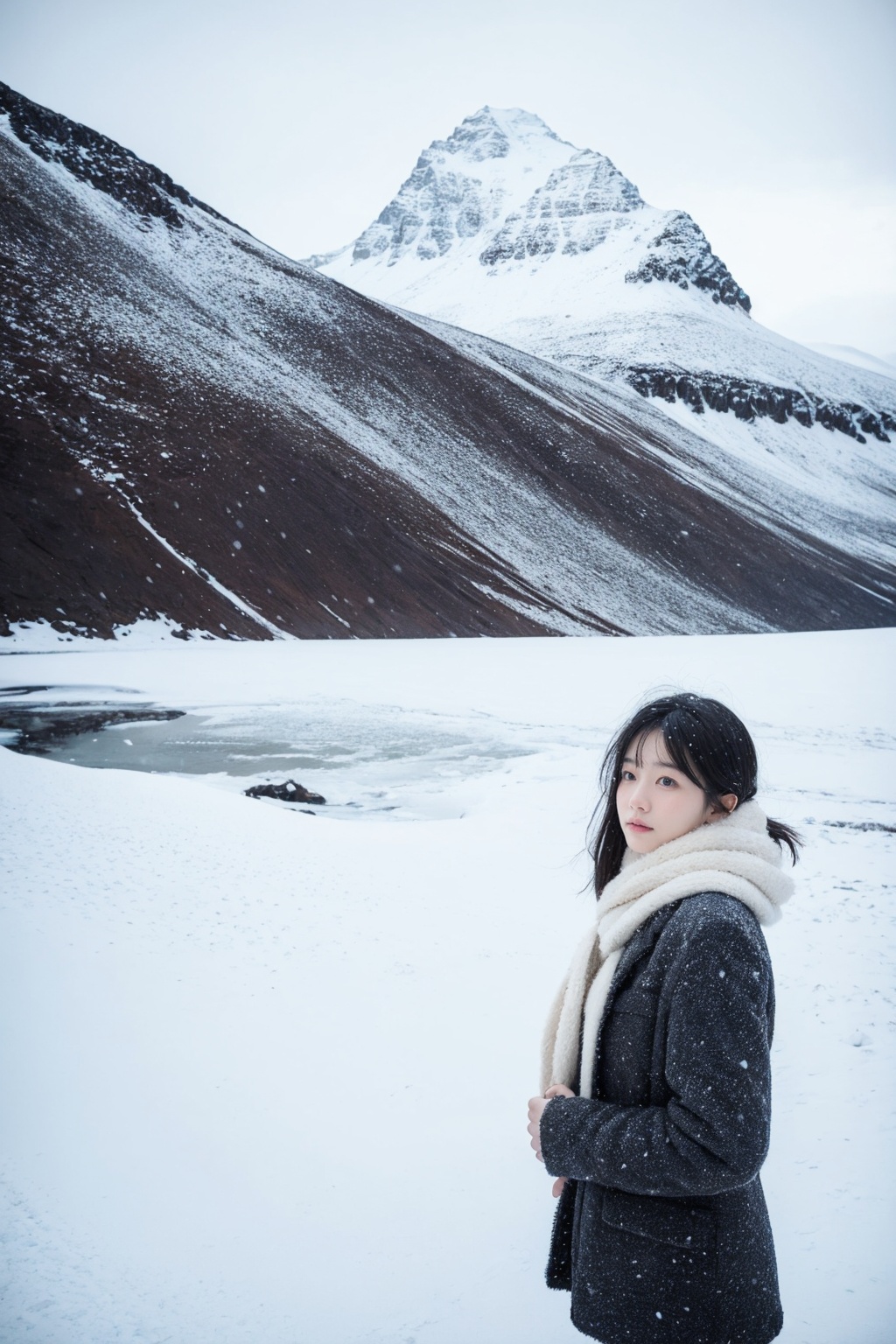 1girl,ice field,water,snowing,wind,cold,scarf,
