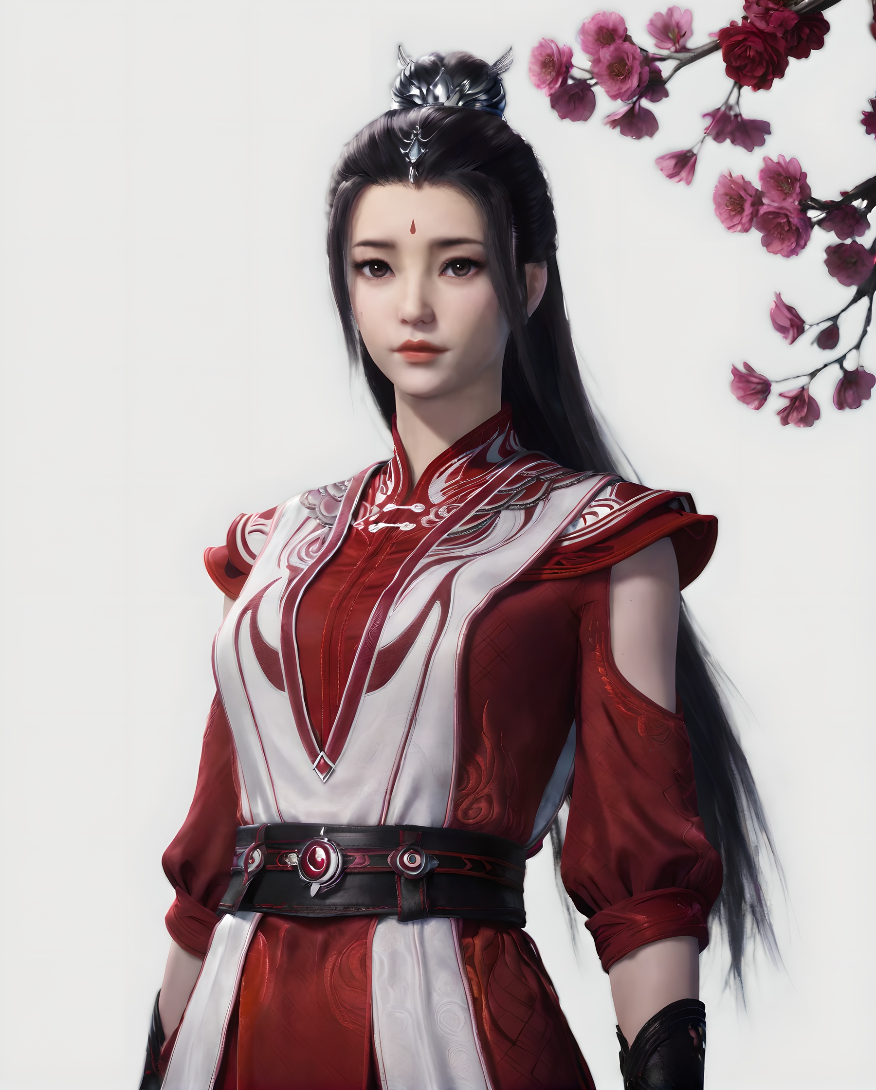<lora:SF_YouQinXuanYa_Pony_Realism-000004:0.7>,1girl,solo,flower,dress,facial mark,hair bun,forehead mark,belt,red dress,hair ornament,standing,looking at viewer,branch,black hair,long hair,white background,falling petals,